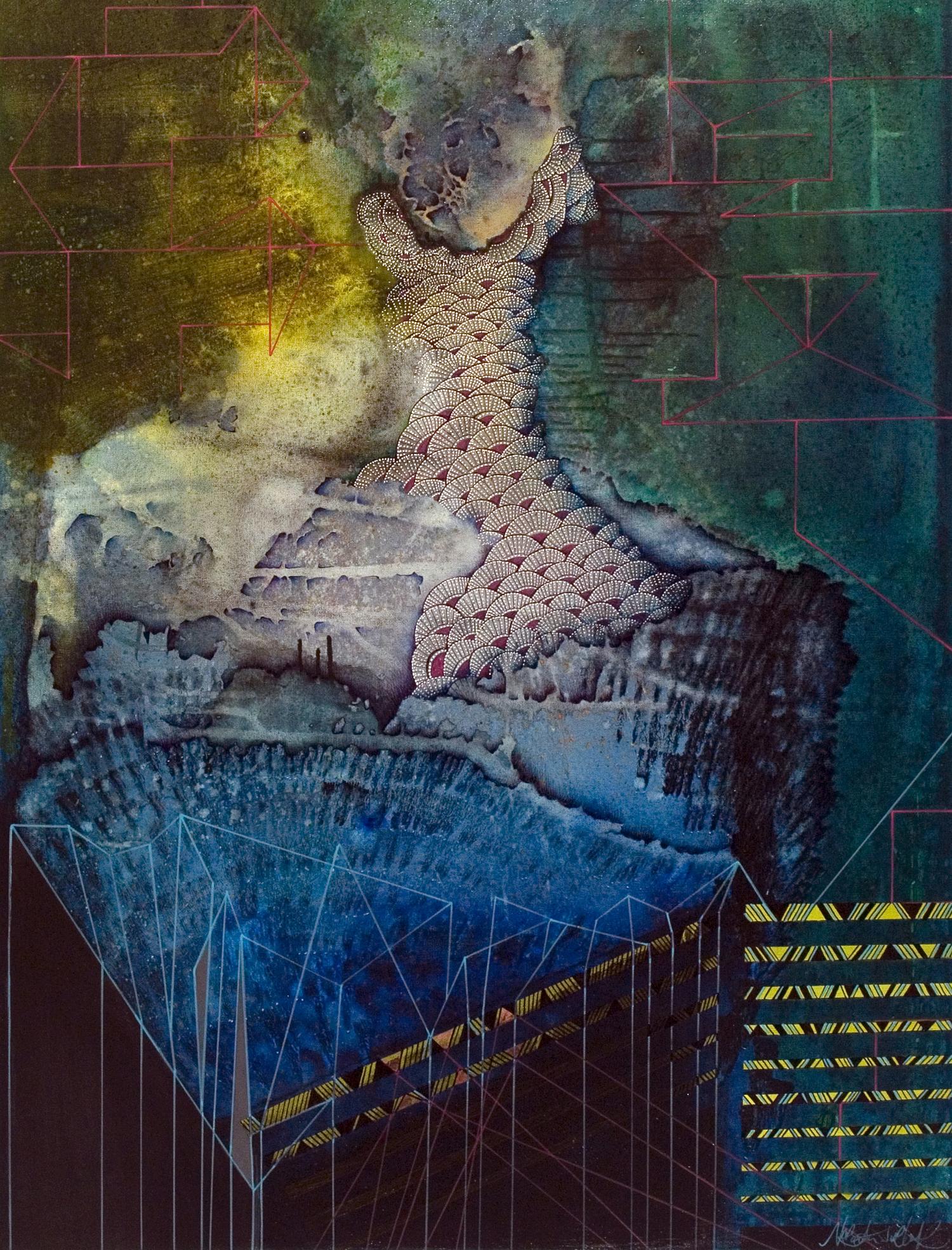 Blue Abstract Painting of Sci-Fi Victorian Woman