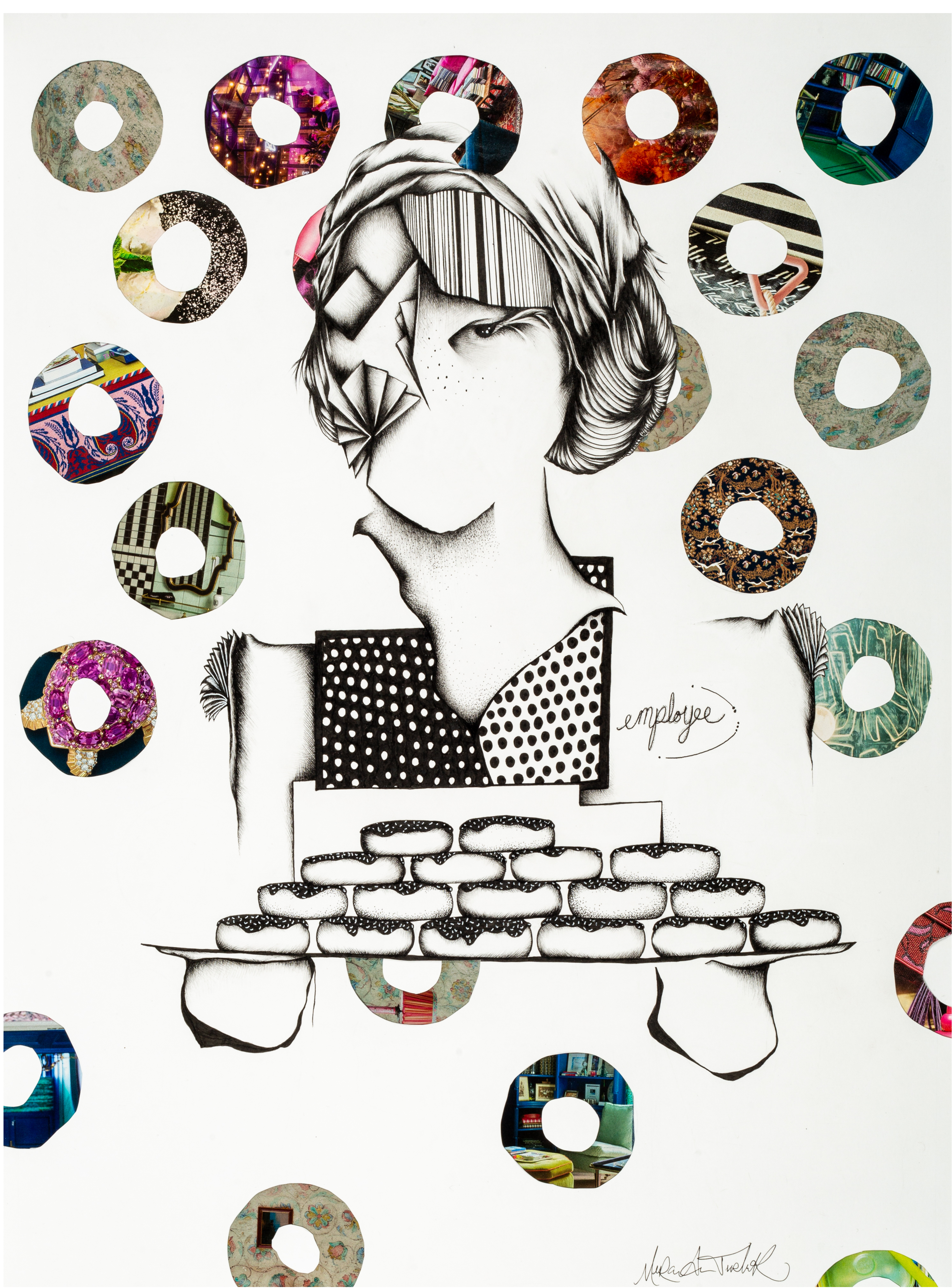 black and white surreal drawing of woman baker holding a plate of donuts with colorful donut pattern in background
