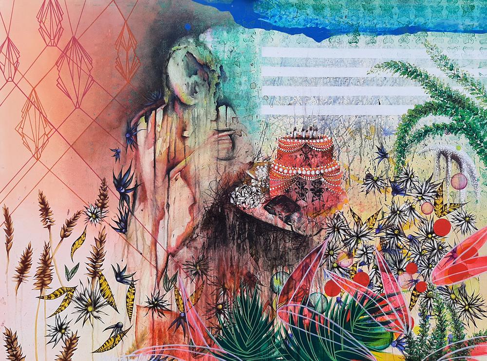 Painting mourning death of a mother with flowers, cake, and cigarettes 