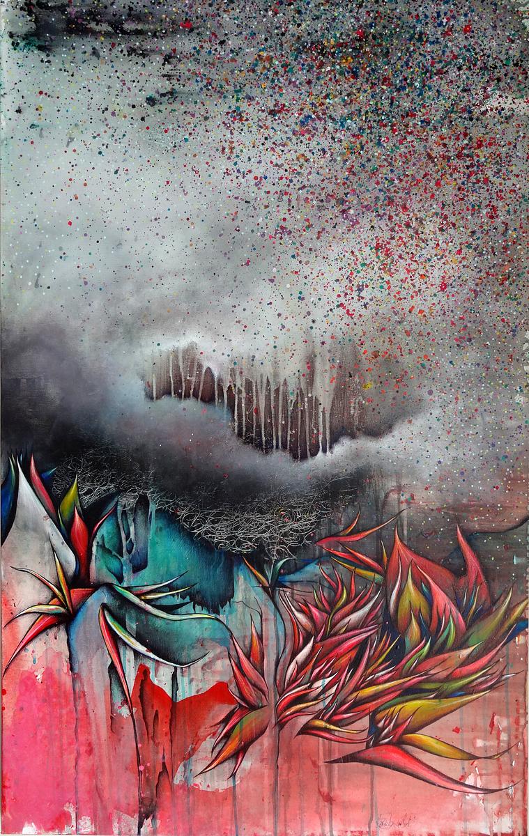 abstract painting of feathers and storm cloud