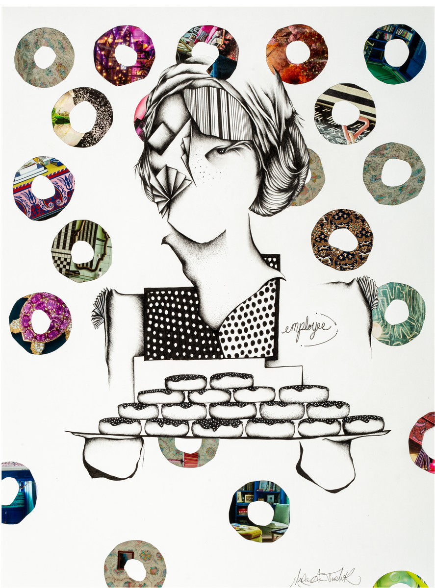 black and white surreal drawing of woman baker holding a plate of donuts with colorful donut pattern in background