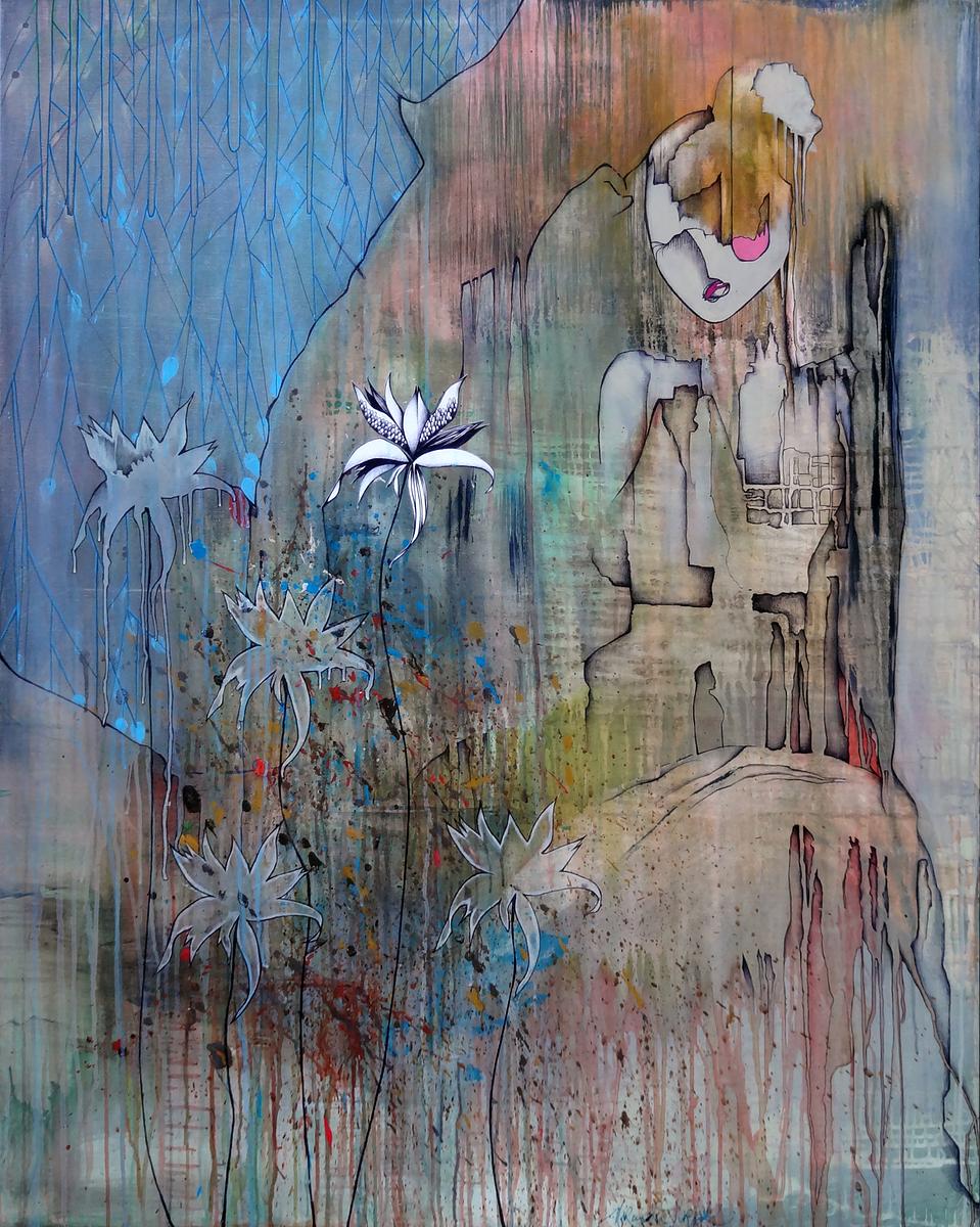 expressionist painting, puppet, Woman with Flowers, marionette art