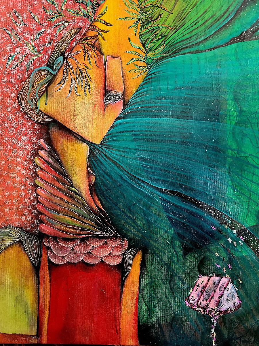 vivid surreal painting of a woman with one eye wearing children's clothing. She is near an open window at night with blue curtains blowing. a rotting piece of cake is next to her with ants crawling all over it.  Red wallpaper with daisy pattern in the background.