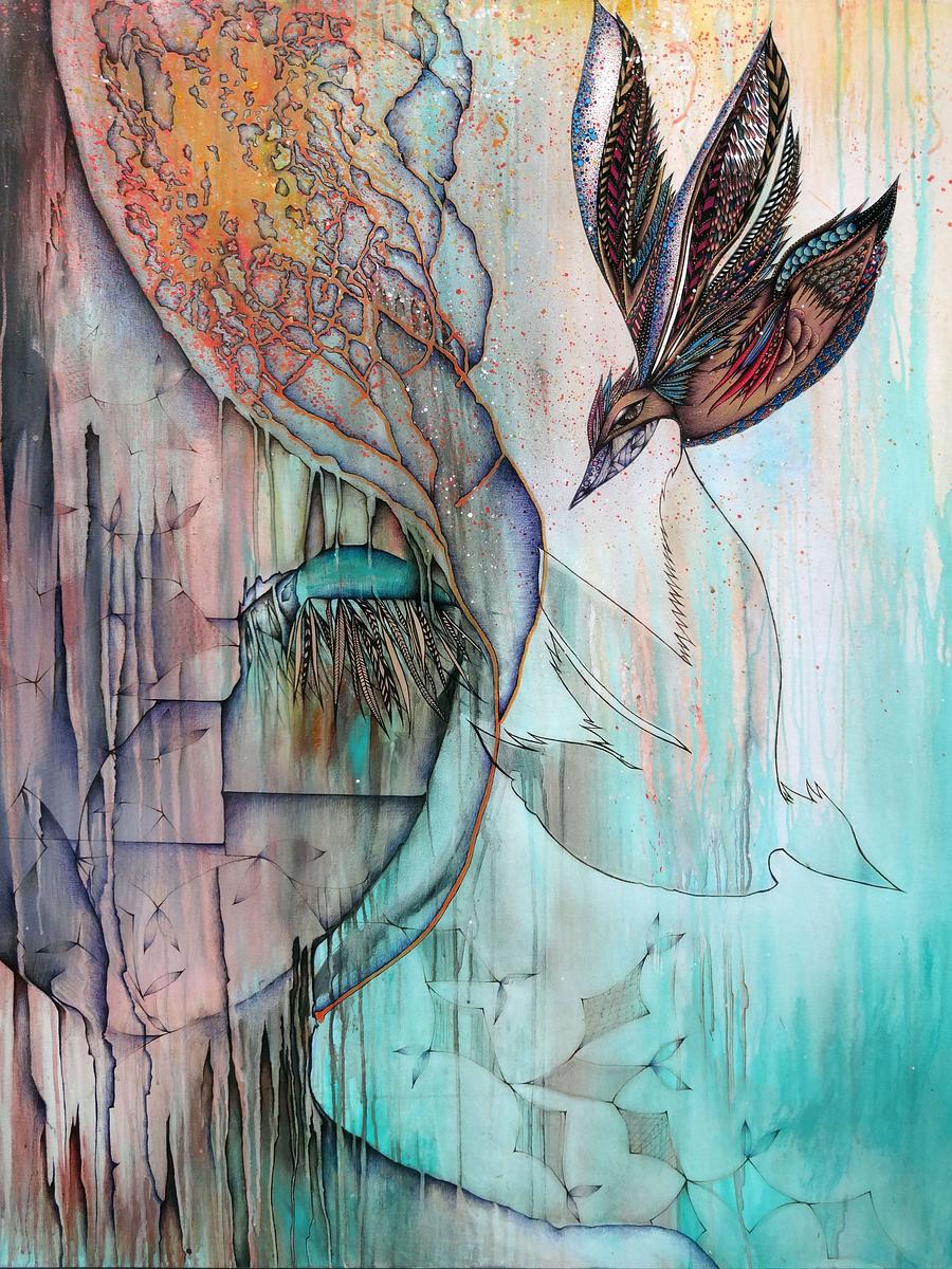 women and birds, woman dreaming, bird art