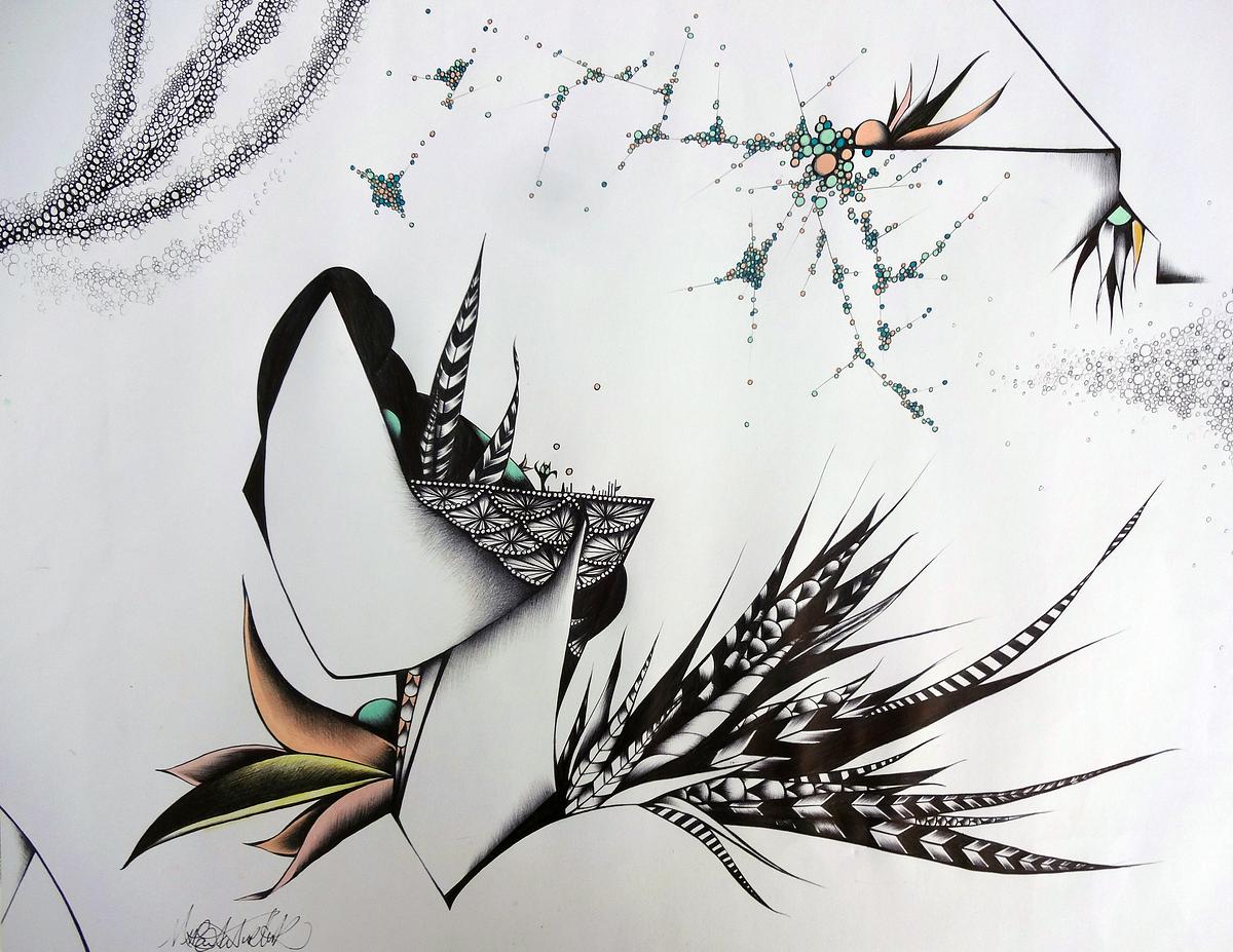 Geometric Art, Modern Art, Portrait, Bird Feathers, Lace, Flowers, Black and White, Stripes, Drawing, Home Decor, Contemporary Art