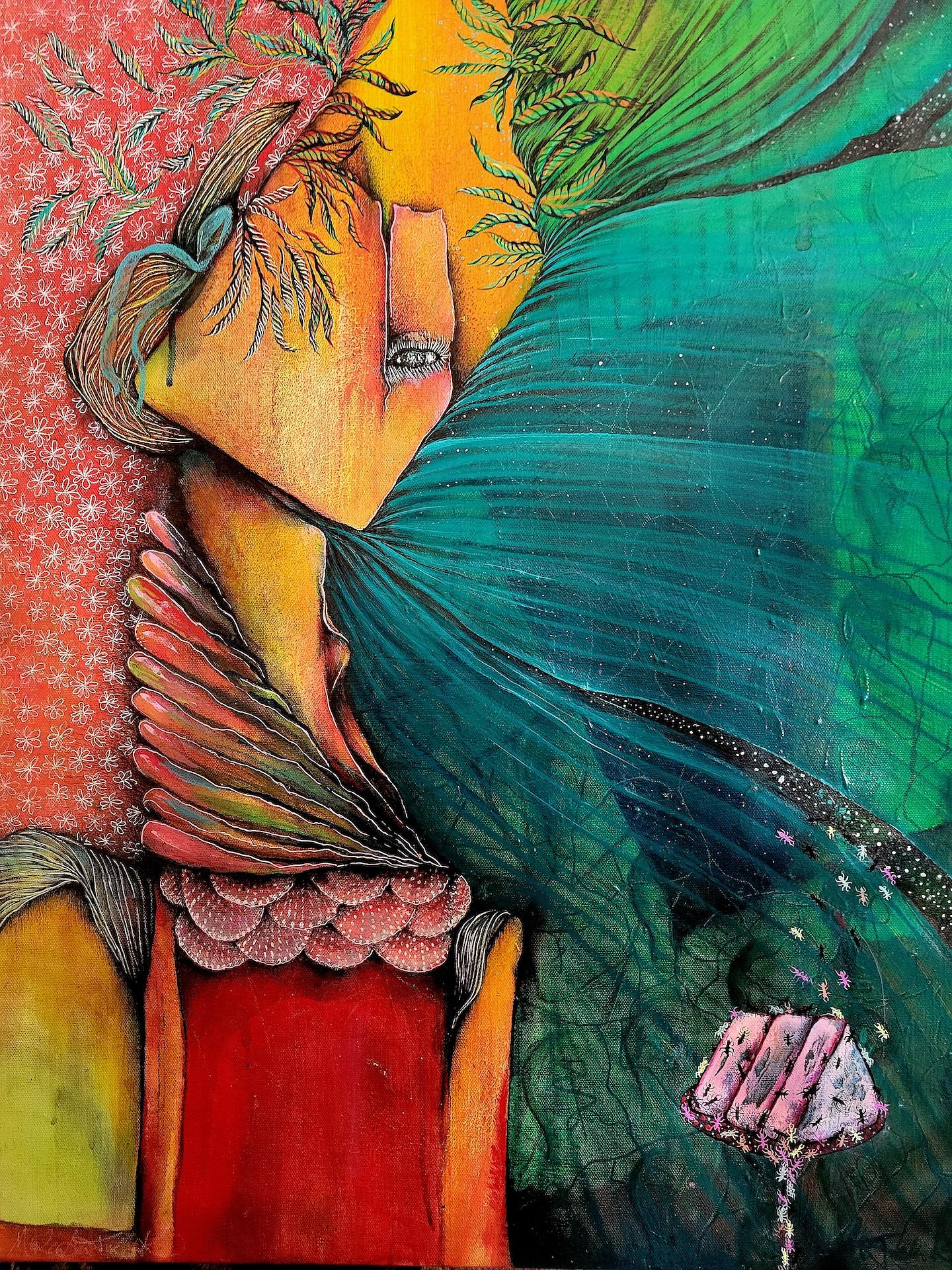 vivid surreal painting of a woman with one eye wearing children's clothing. She is near an open window at night with blue curtains blowing. a rotting piece of cake is next to her with ants crawling all over it.  Red wallpaper with daisy pattern in the background.