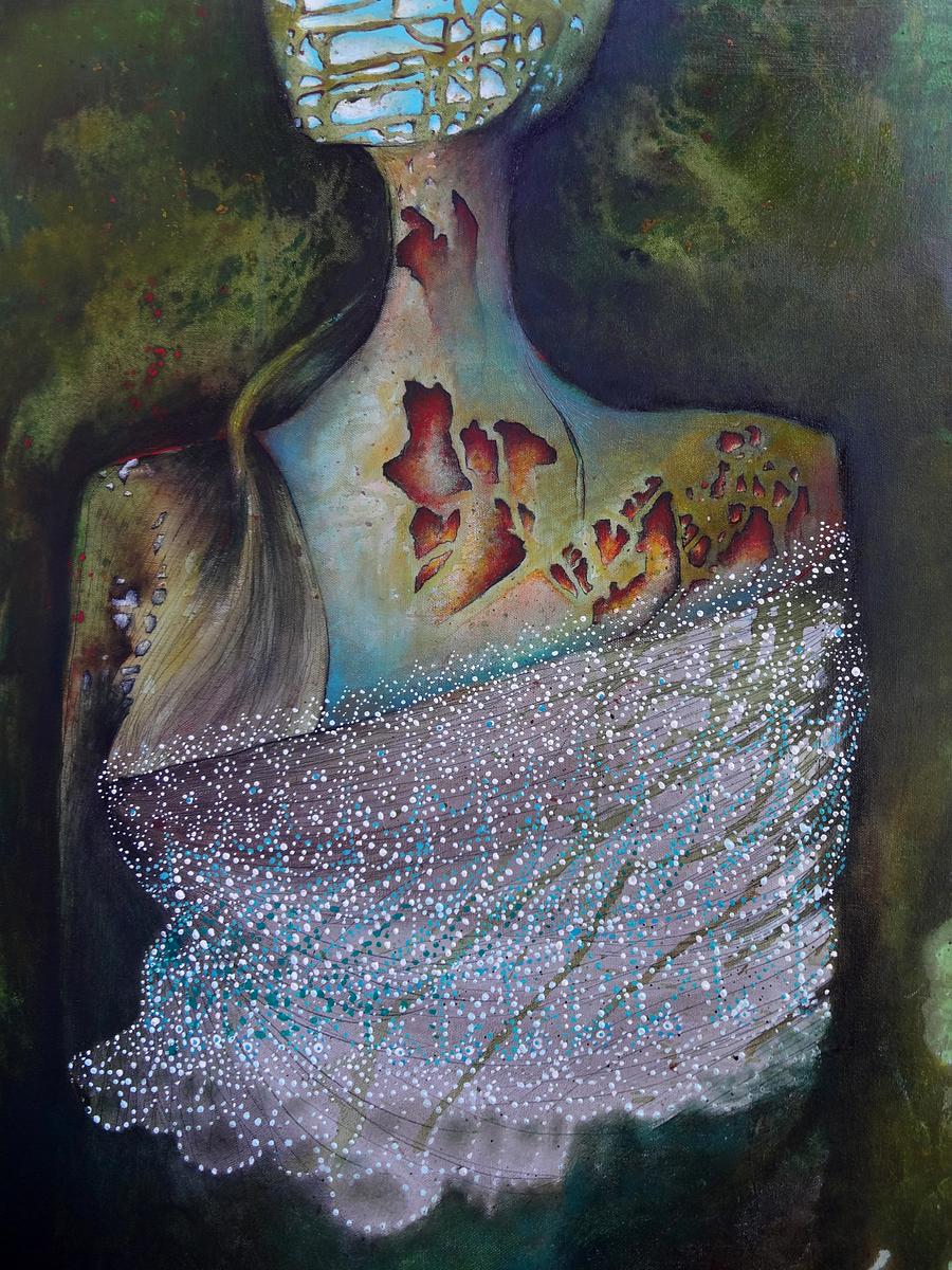 Original Painting, abstract portrait of woman, Modern Art, Lace, Blue Sky