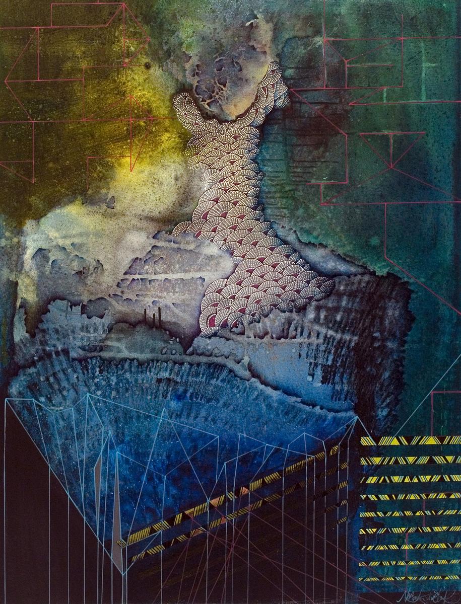 Blue Abstract Painting of Sci-Fi Victorian Woman