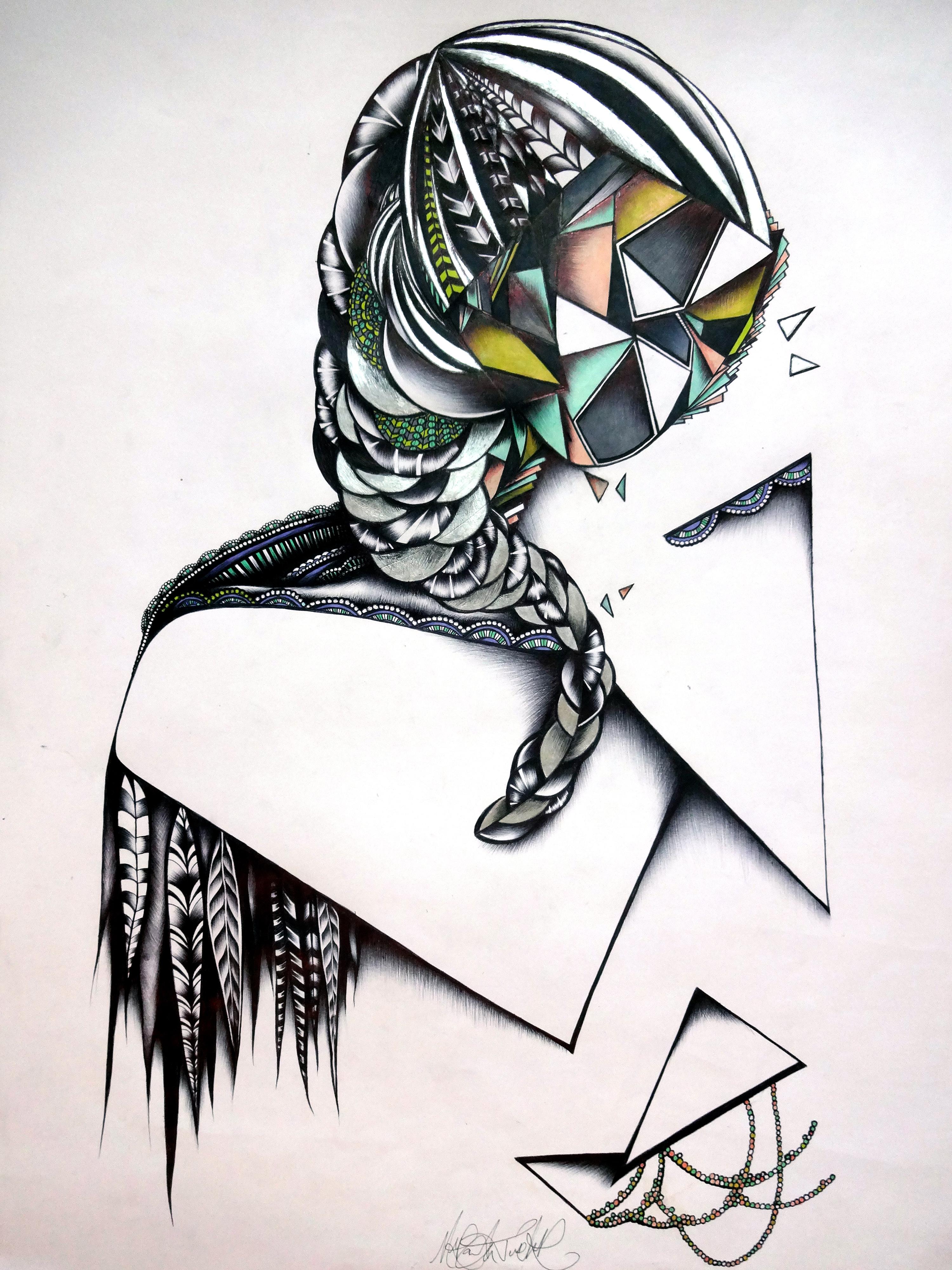abstract geometric drawing of woman with braided hair and bird feathers