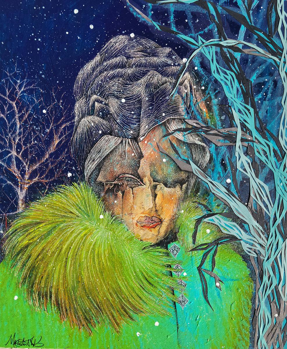 Surreal painting of blue woman with green fur coat walking in woods at night during winter snowfall