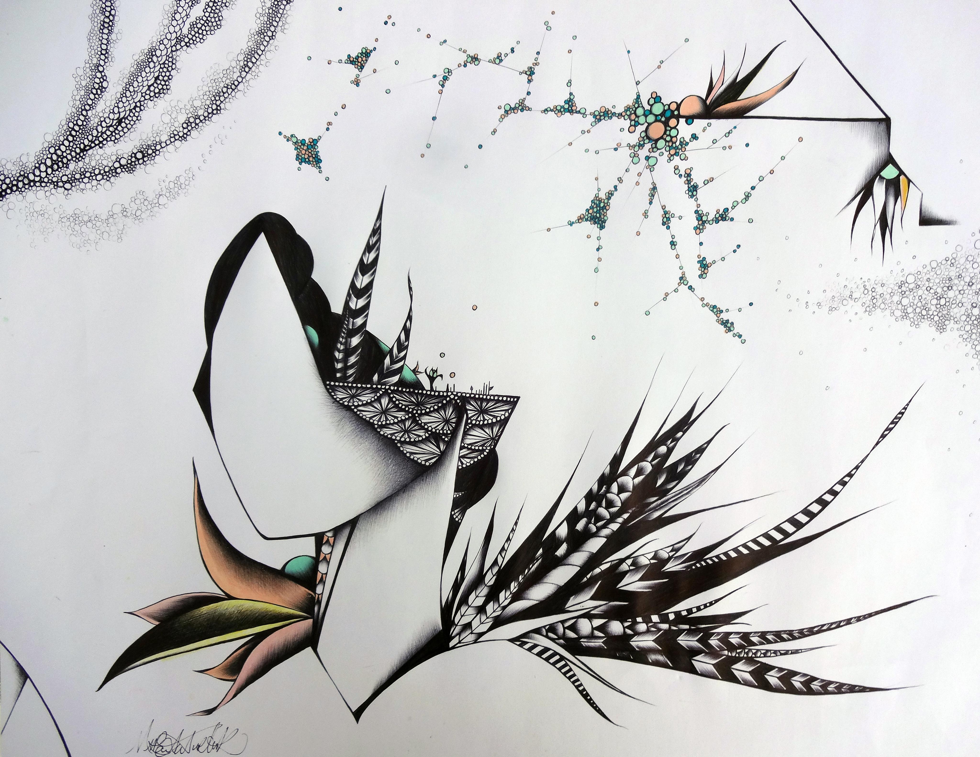 Geometric Art, Modern Art, Portrait, Bird Feathers, Lace, Flowers, Black and White, Stripes, Drawing, Home Decor, Contemporary Art