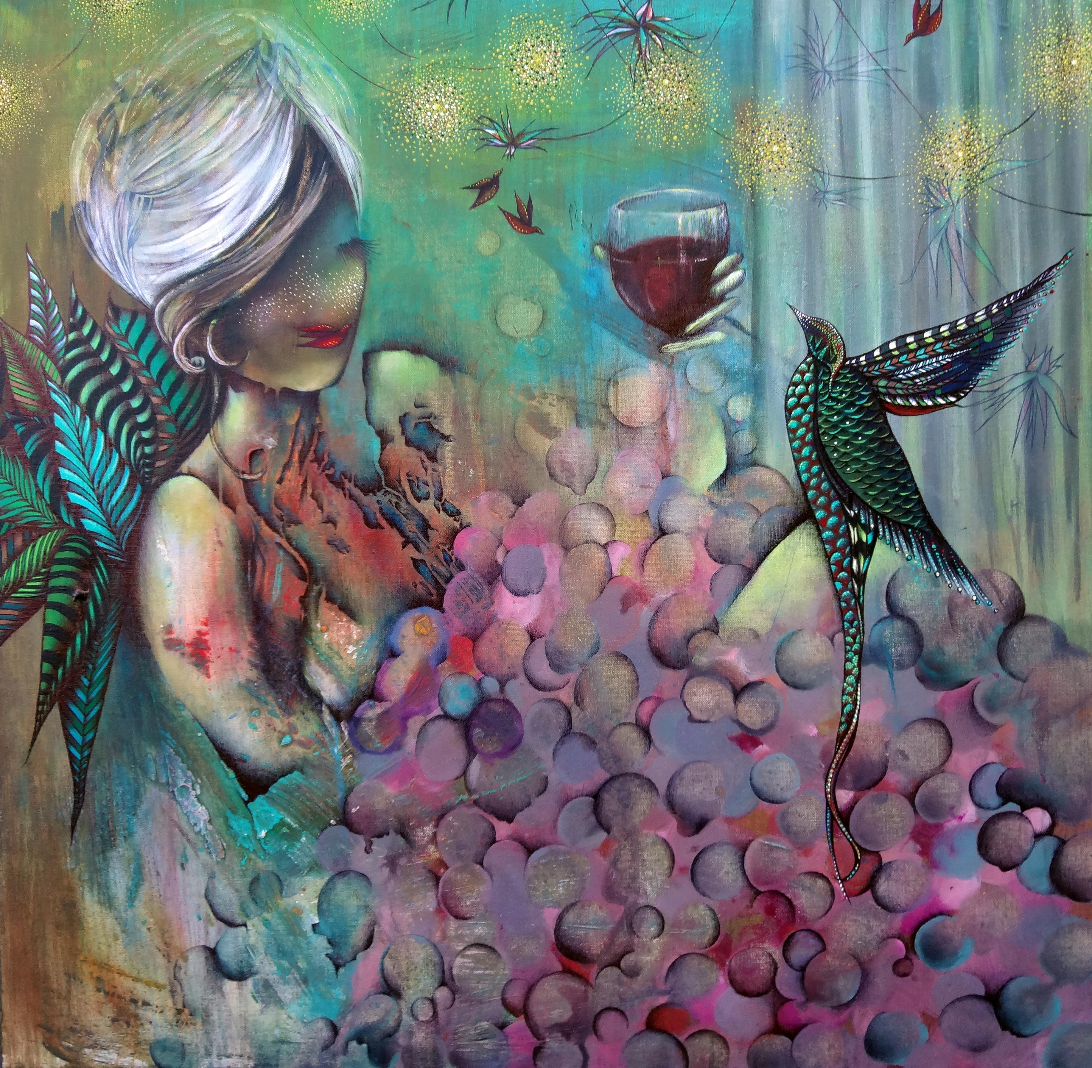 image of woman bathing drinking wine