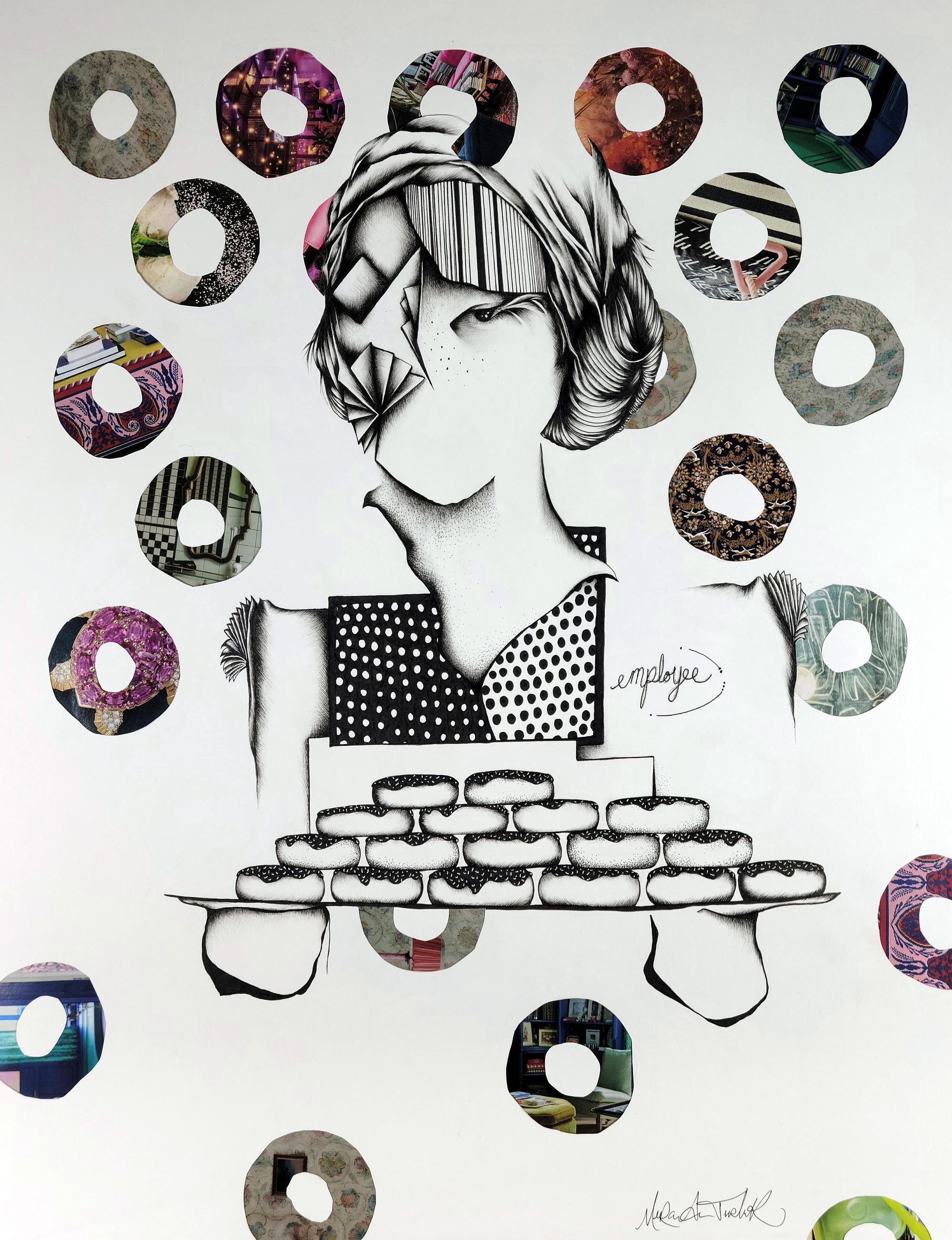 black and white surreal drawing of woman baker holding a plate of donuts with colorful donut pattern in background