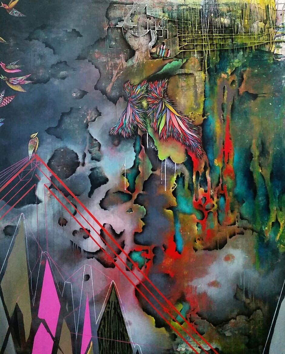 Large Scale Abstract Expressionist Painting of woman in red, blue clouds