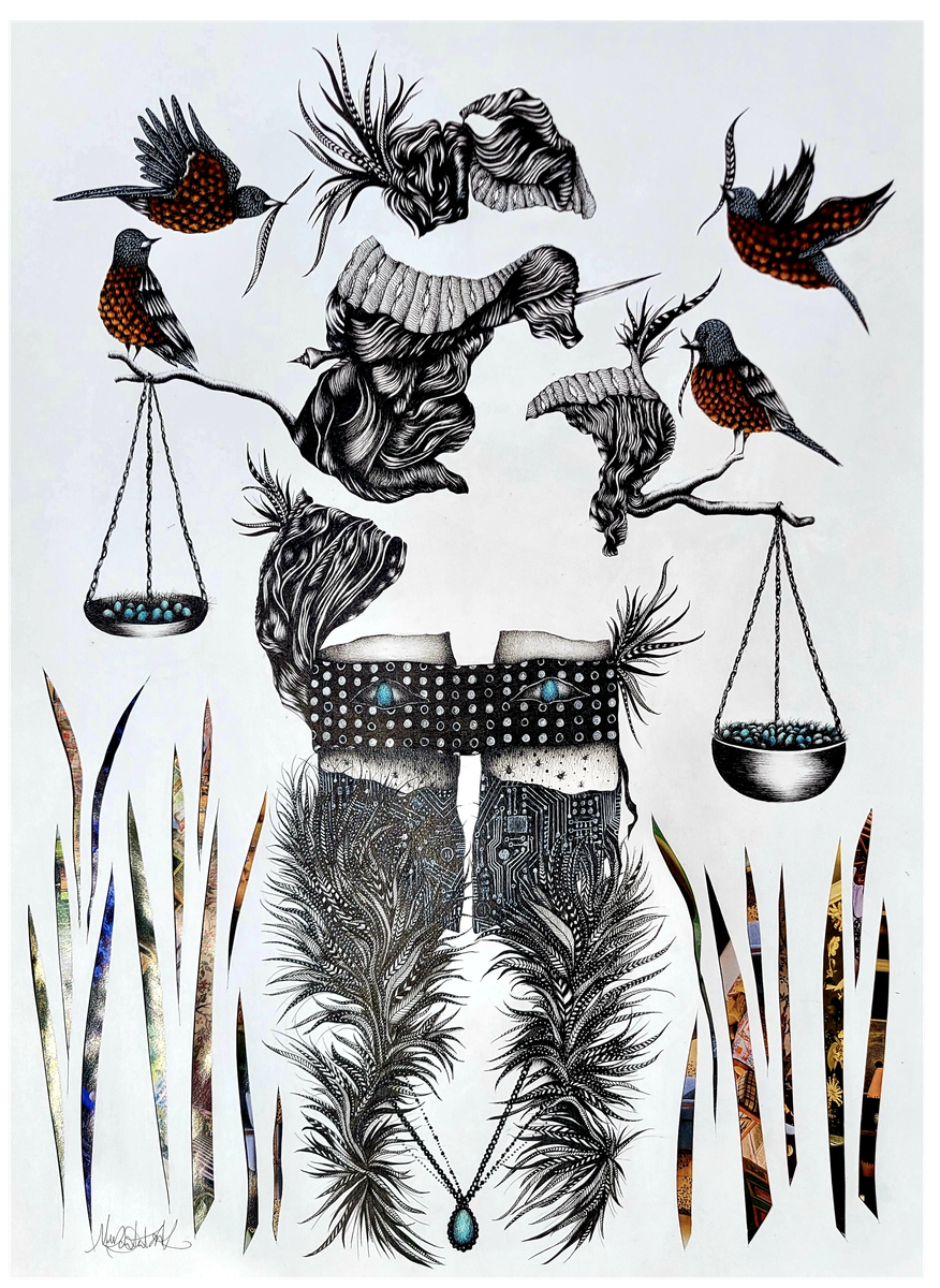 Mostly black and white ink drawing of a woman's face, blindfolded, with robin's eggs in place of eyes. She represents Lady Justice, with bowls of robins eggs in place of scales.  birds fly around her adding feathers to her hair, symbolizing bribes, suggesting corruption.