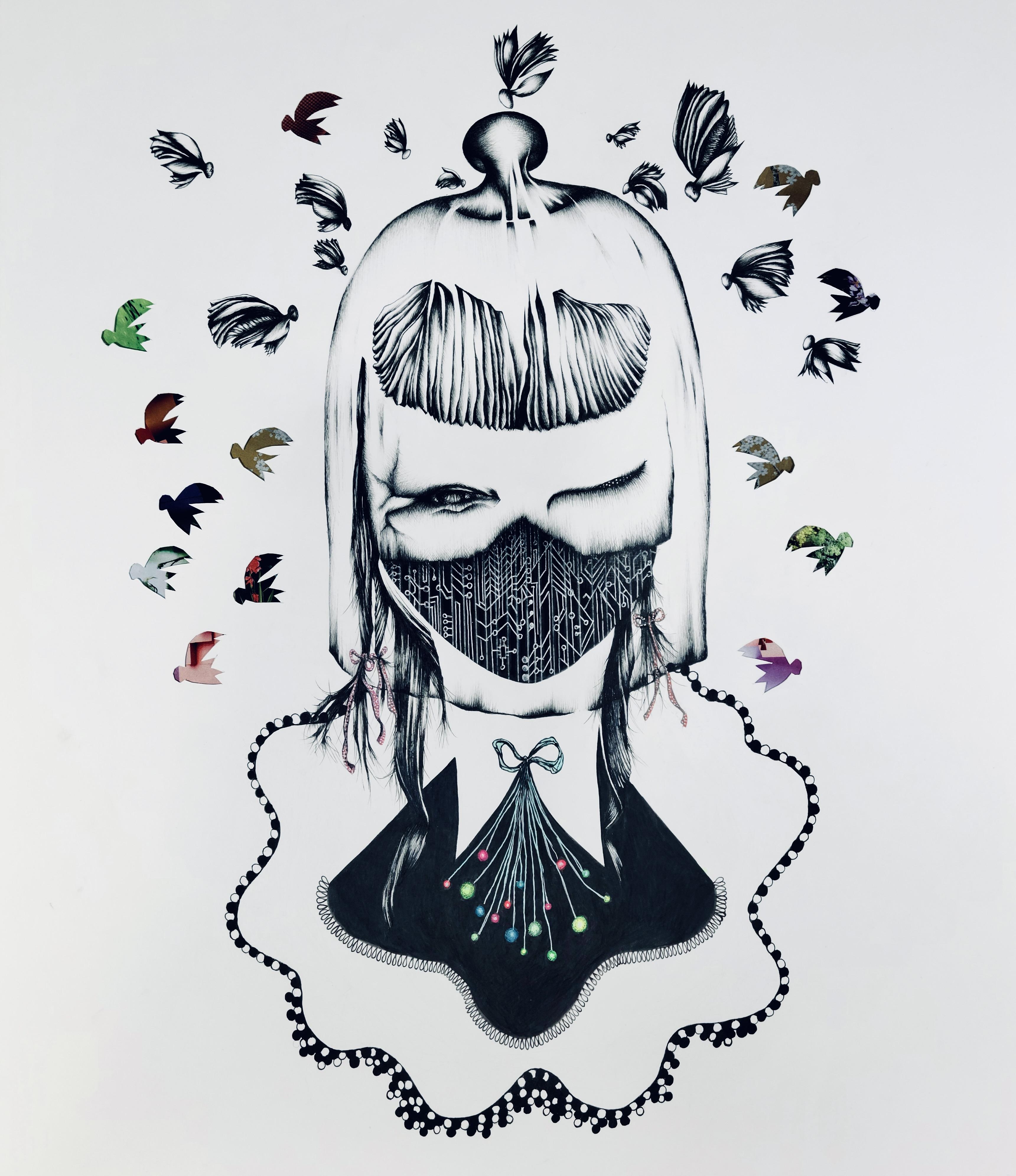 Black and white drawing of a surreal woman with head covered by a glass dome similar to a cake stand cover.  Fruitflies swarm around her head. Her face is partially torn off exposing a computer circuit board  suggesting she is a cyborg or part human, part robot, She has a blue bow around her neck and a necklace made of pearls and plants intertwined. 
