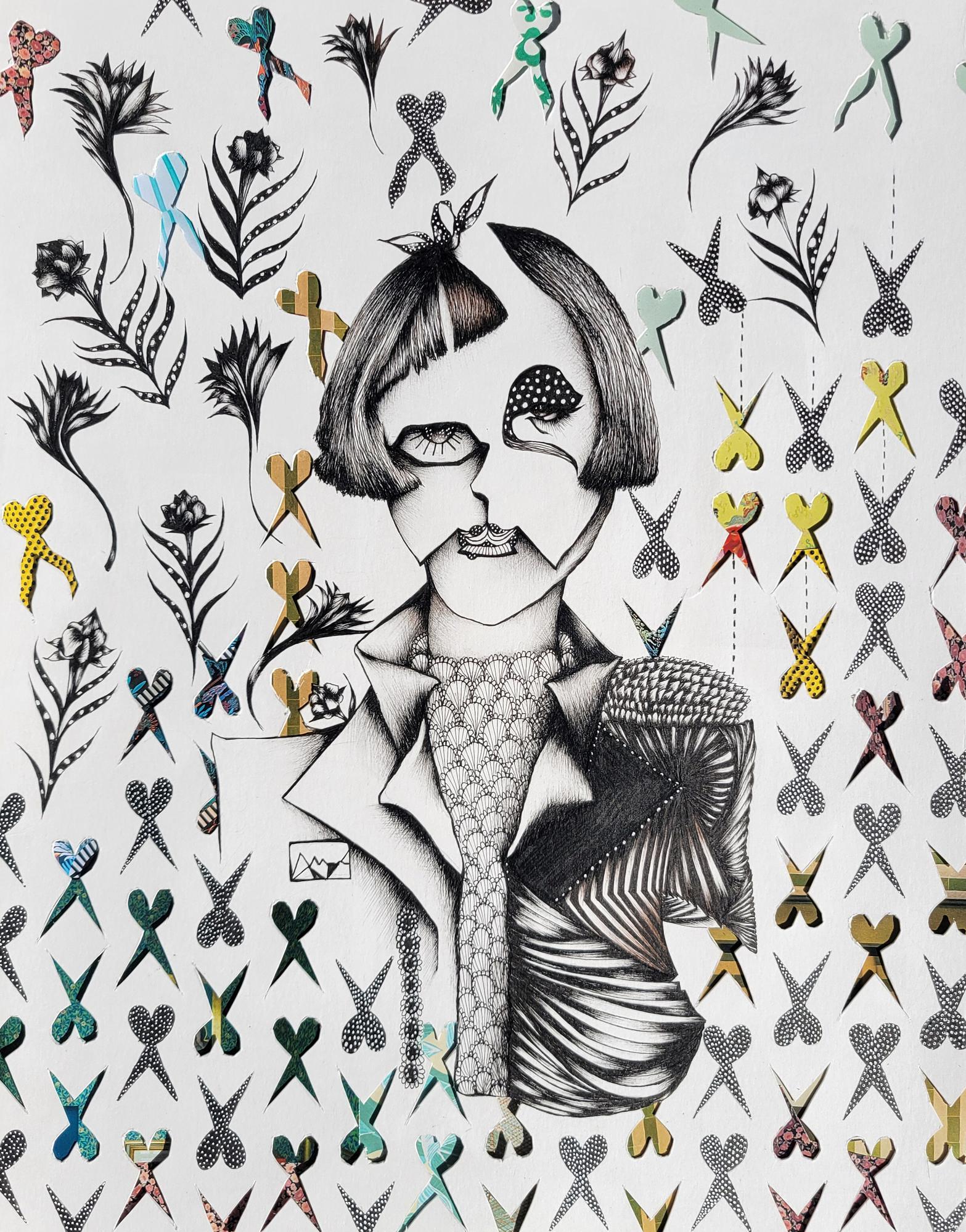 black and white ink drawing of woman with bad french girl bob haircut, bows in the background turn into a scissor pattern.