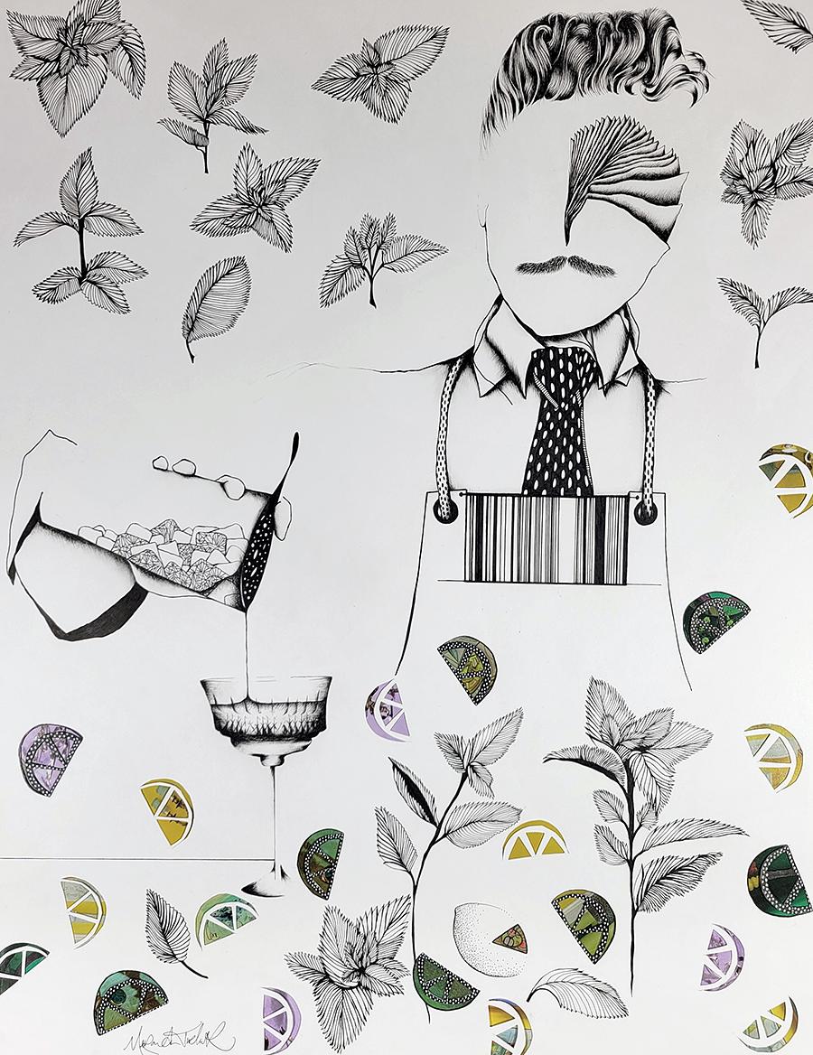 BLack and white surreal drawing of male bartender making a drink with cocktail shaker, lemon and lime patterns. mint drawing, mint pattern
