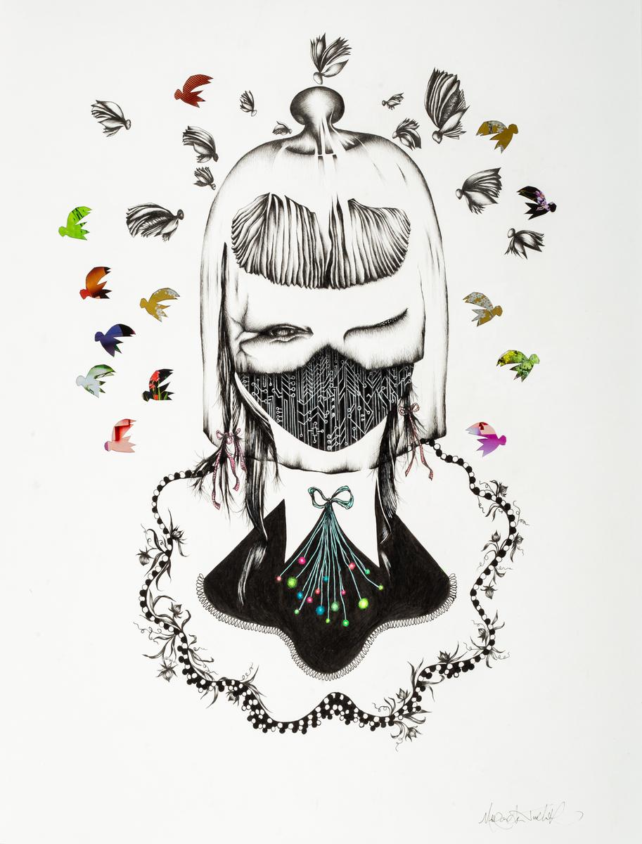 Black and white drawing of a surreal woman with head covered by a glass dome similar to a cake stand cover.  Fruitflies swarm around her head. Her face is partially torn off exposing a computer circuit board  suggesting she is a cyborg or part human, part robot, She has a blue bow around her neck and a necklace made of pearls and plants intertwined. 