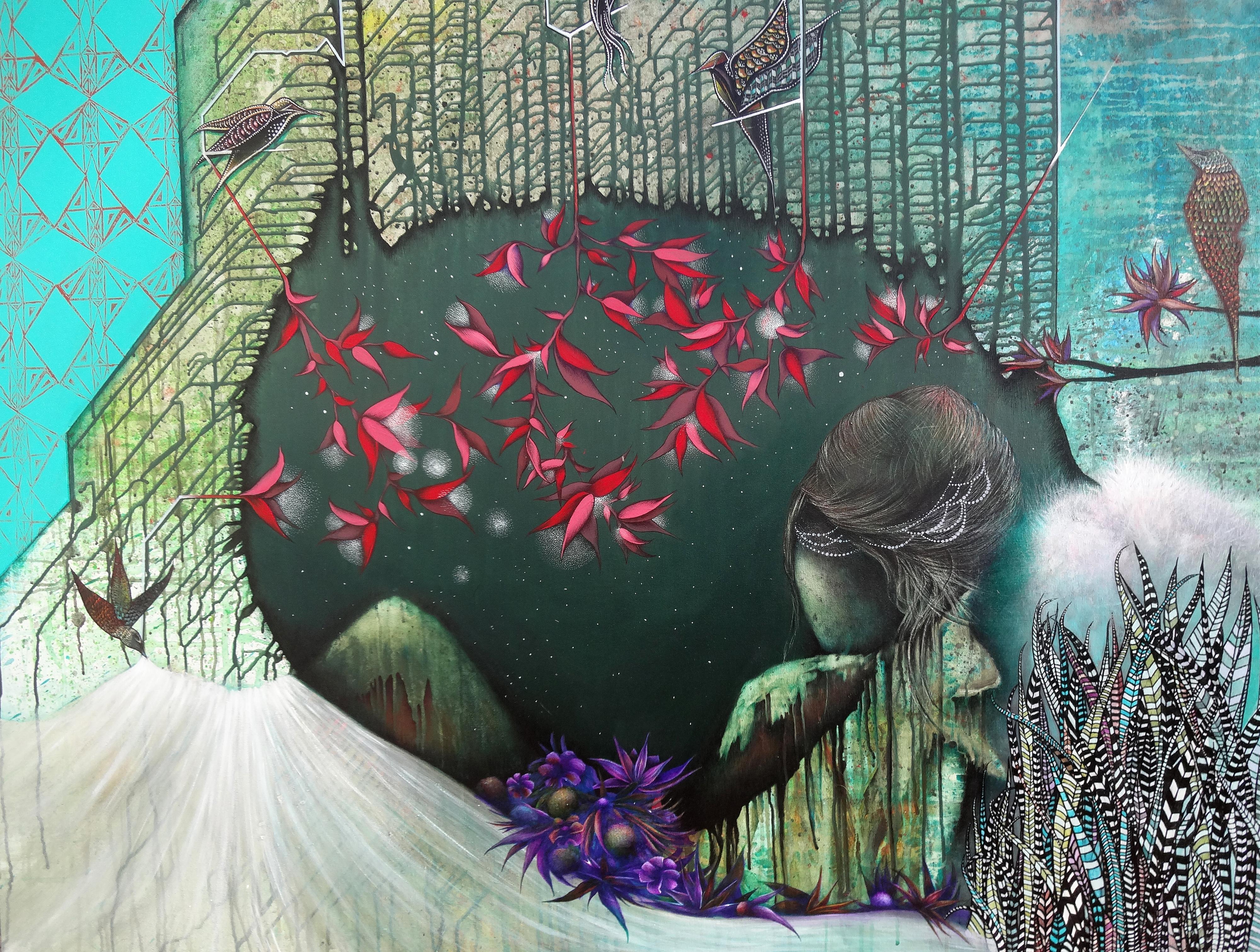 Contemporary Painting of woman with cat