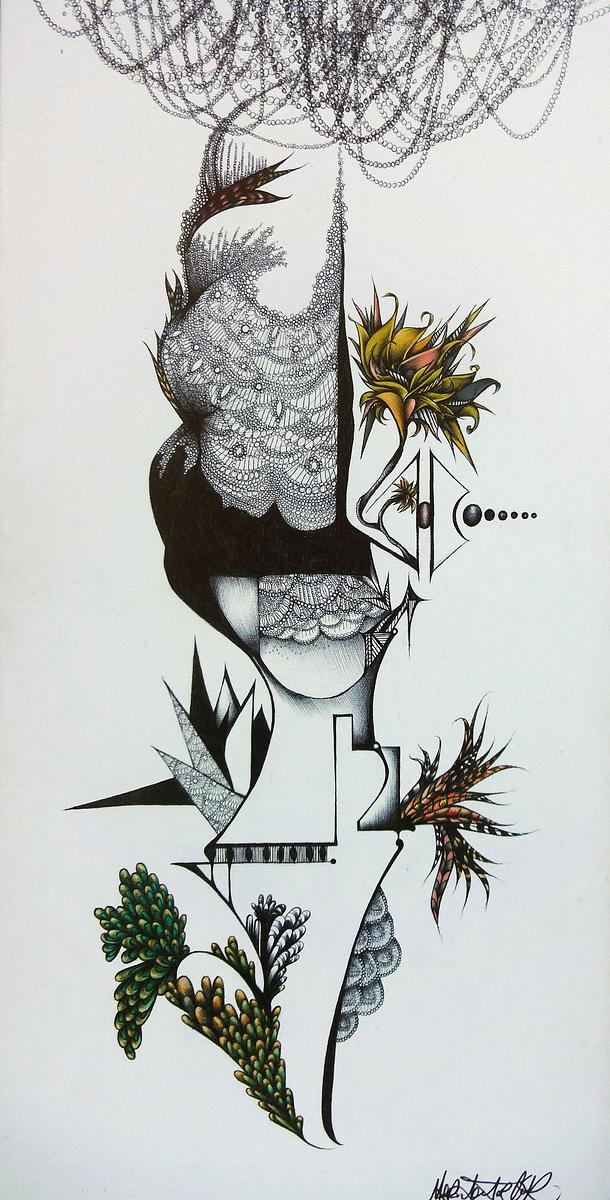 portrait of a queen, black and white art, surreal, portrait of woman with flowers, bird feathers