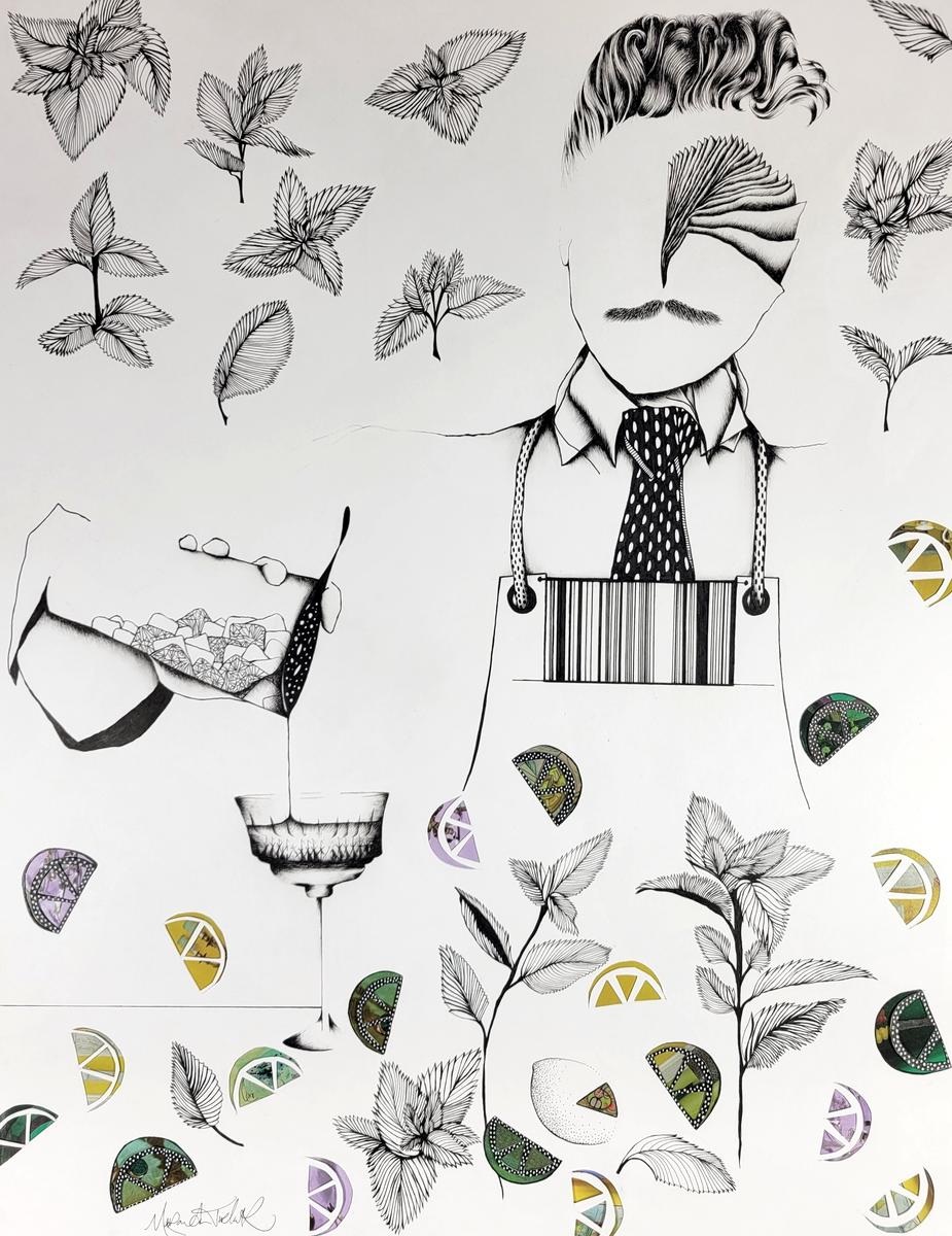 BLack and white surreal drawing of male bartender making a drink with cocktail shaker, lemon and lime patterns. mint drawing, mint pattern