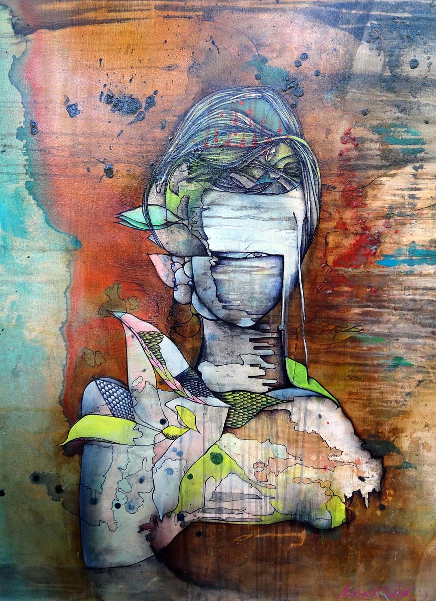 surreal abstract acrylic painting, woman with birds,  maps in art