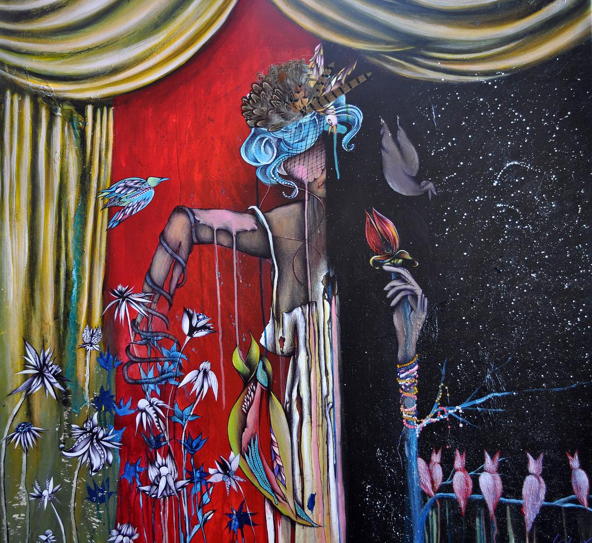 expressionist painting, surreal art, woman with birds, woman on stage
