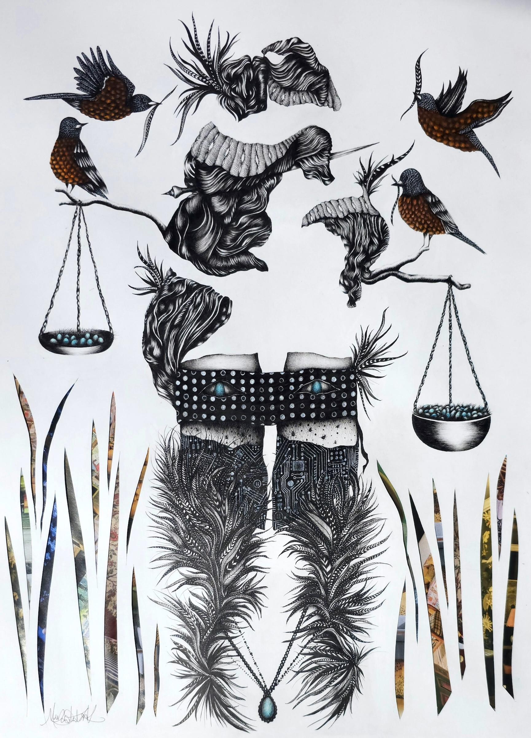 Mostly black and white ink drawing of a woman's face, blindfolded, with robin's eggs in place of eyes. She represents Lady Justice, with bowls of robins eggs in place of scales.  birds fly around her adding feathers to her hair, symbolizing bribes, suggesting corruption.