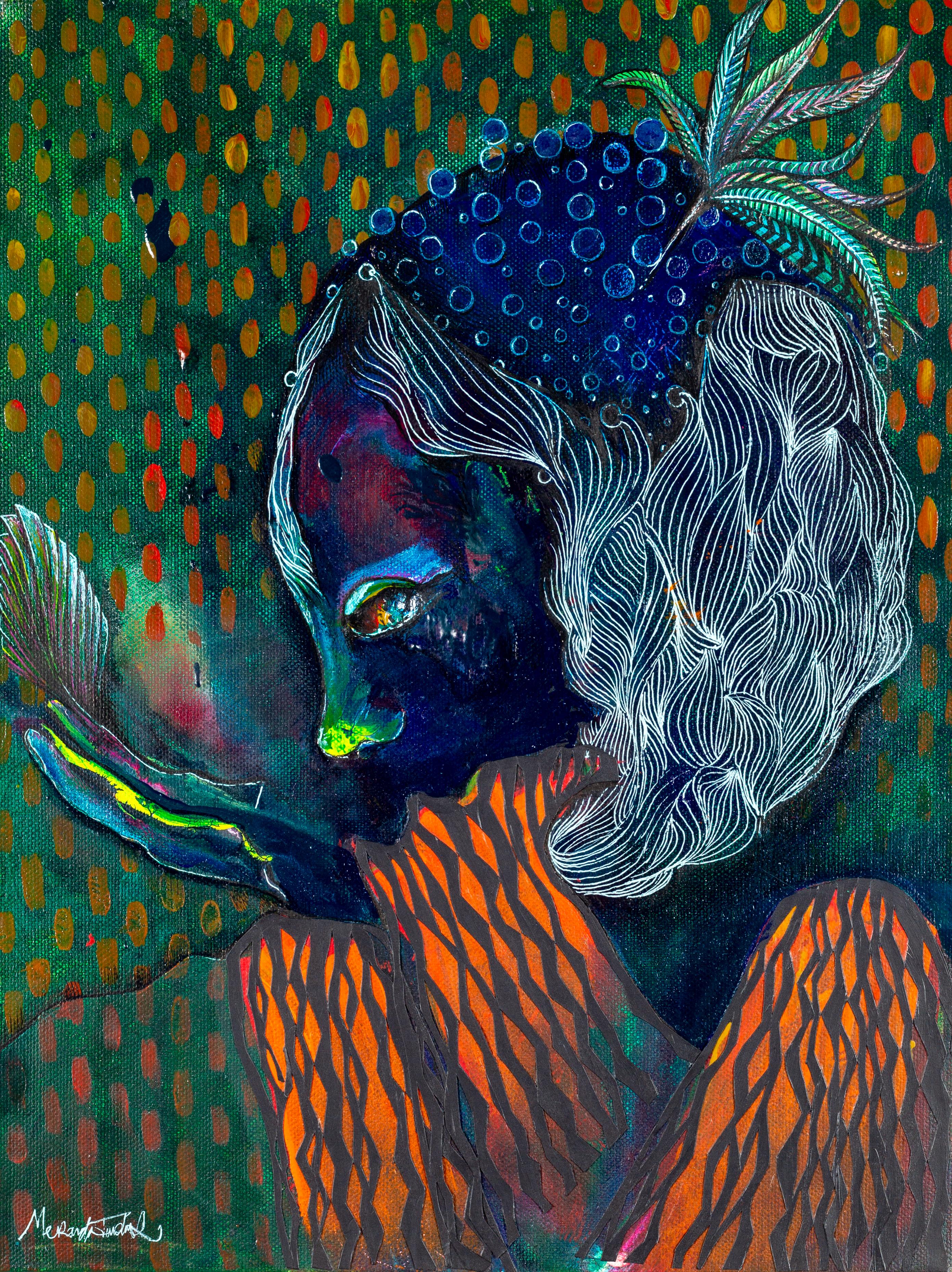 Surreal painting of blue woman's profile looking at self in compact mirror while her eye wanders to the side as if to catch someone watching her
