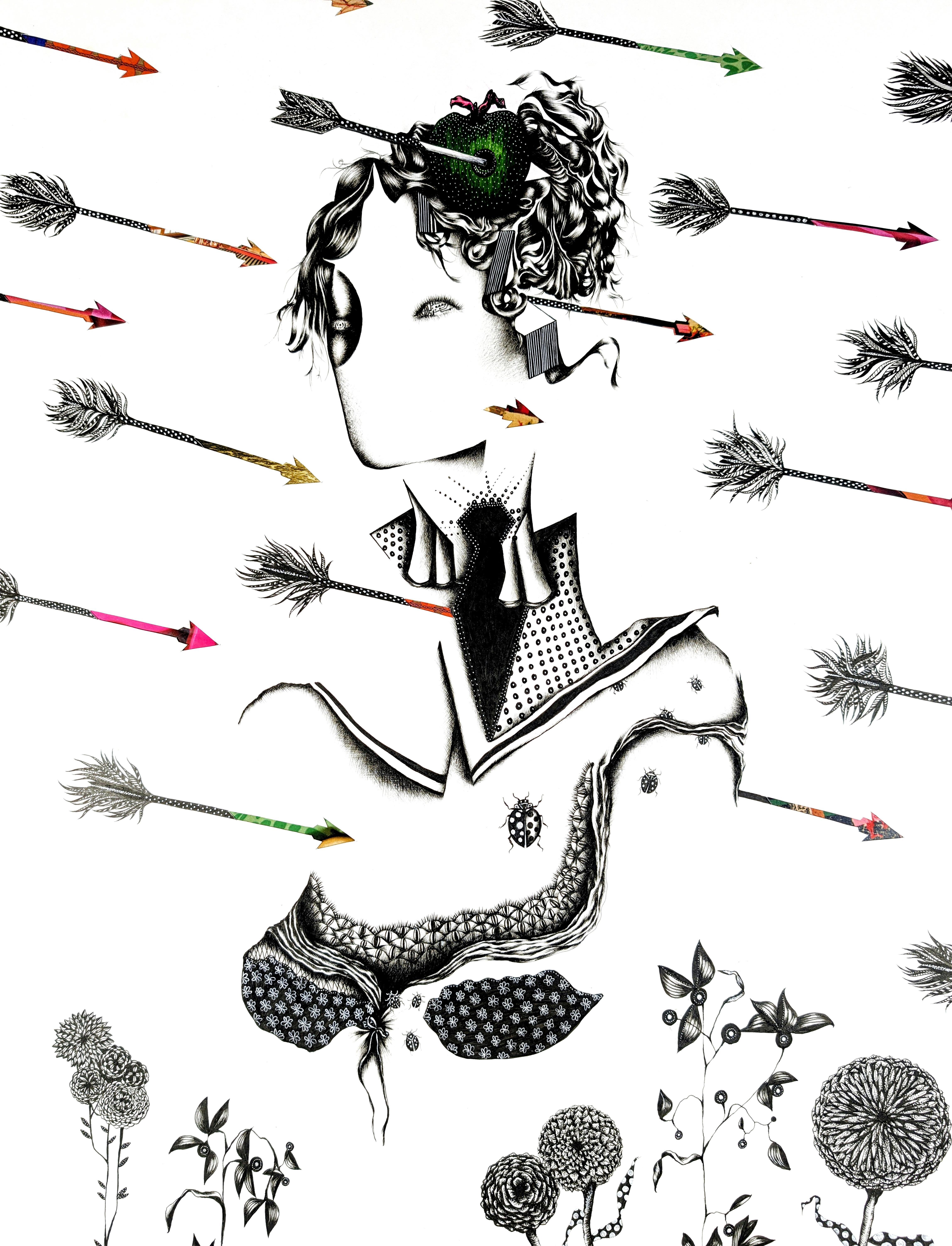 black and white ink drawing of AI or Robot woman with green apple on her head.  Arrows are flying towards her.