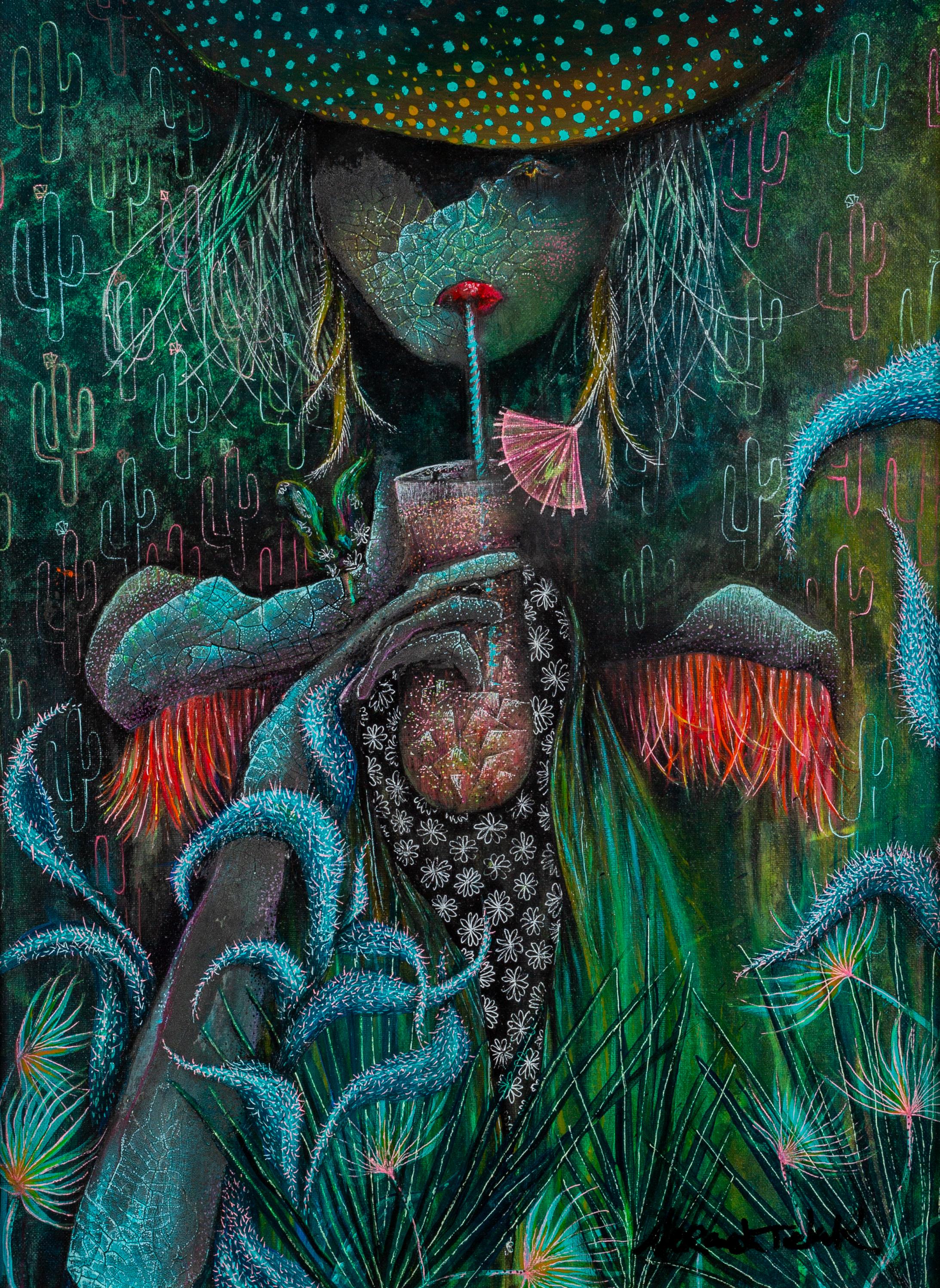 Vibrant Expressionist style portrait of woman with cracked blue face wearing a big hat with blue polka dots and  black bandana with white daisies and bright pink fringes off her shoulders. She is drinking a tropical cocktail. The background is dark green with outline of cactus patters fading in and out of focus.  Prickly blue plant winds around her arm holding a drink. 