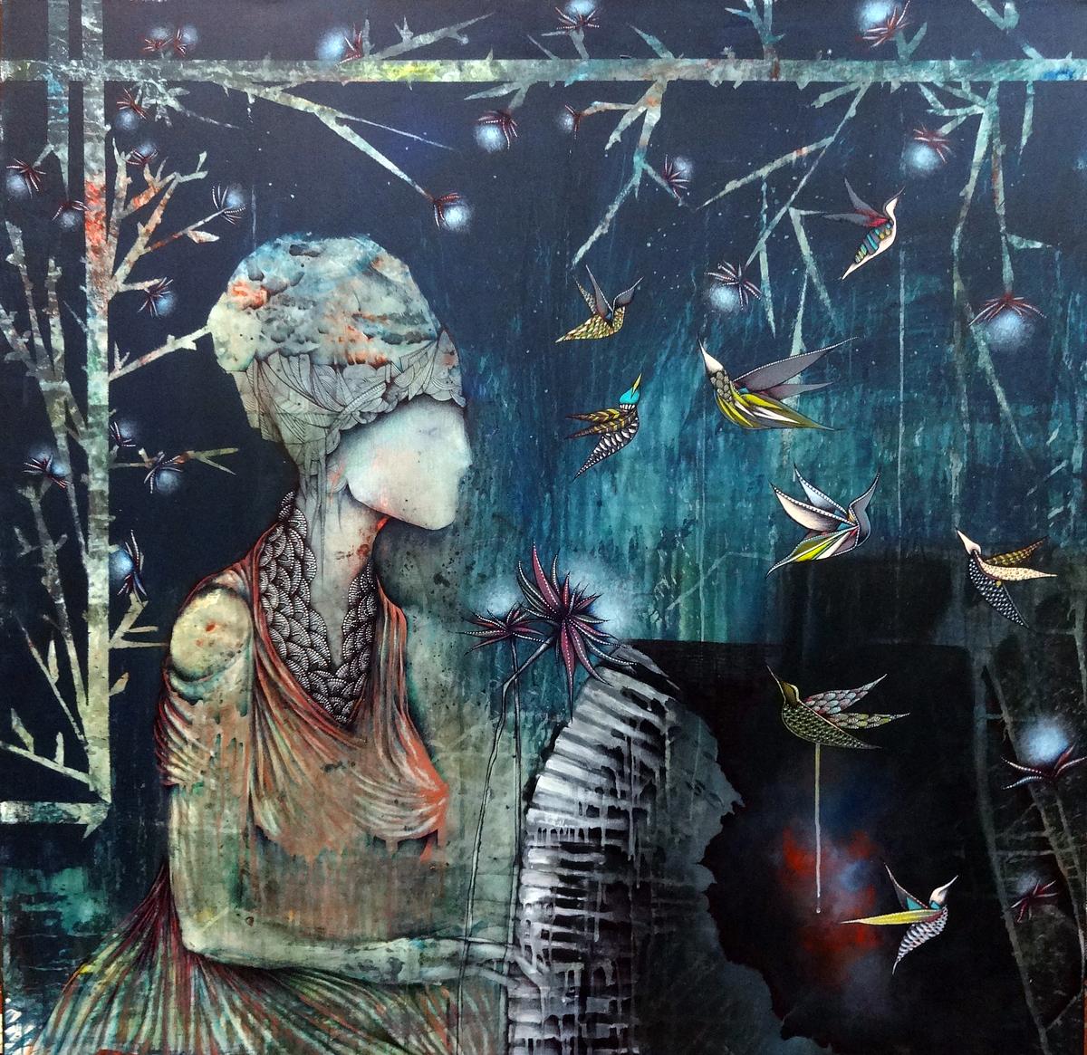 Surreal Painting of Woman Playing Piano with Birds