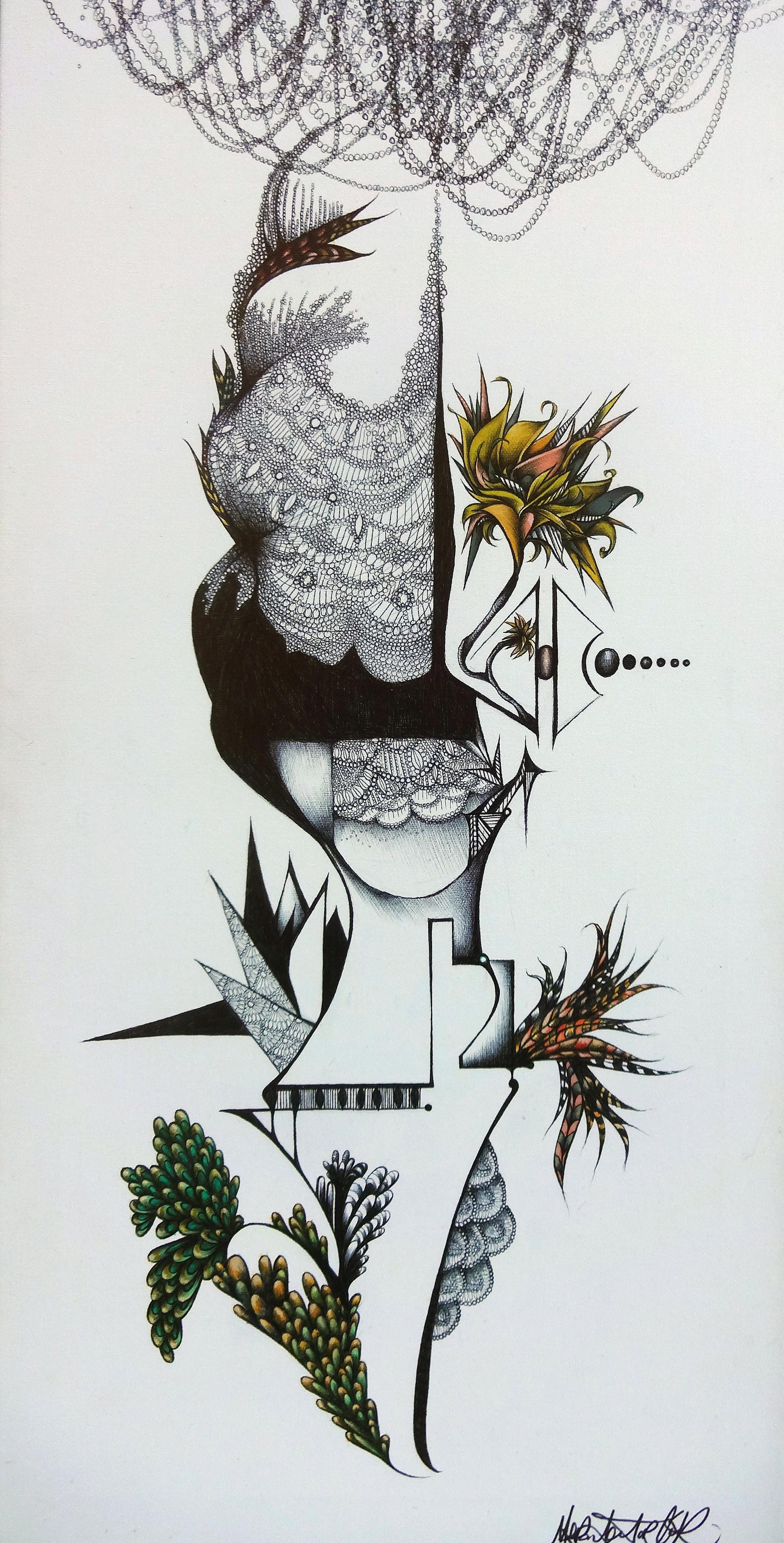 portrait of a queen, black and white art, surreal, portrait of woman with flowers, bird feathers