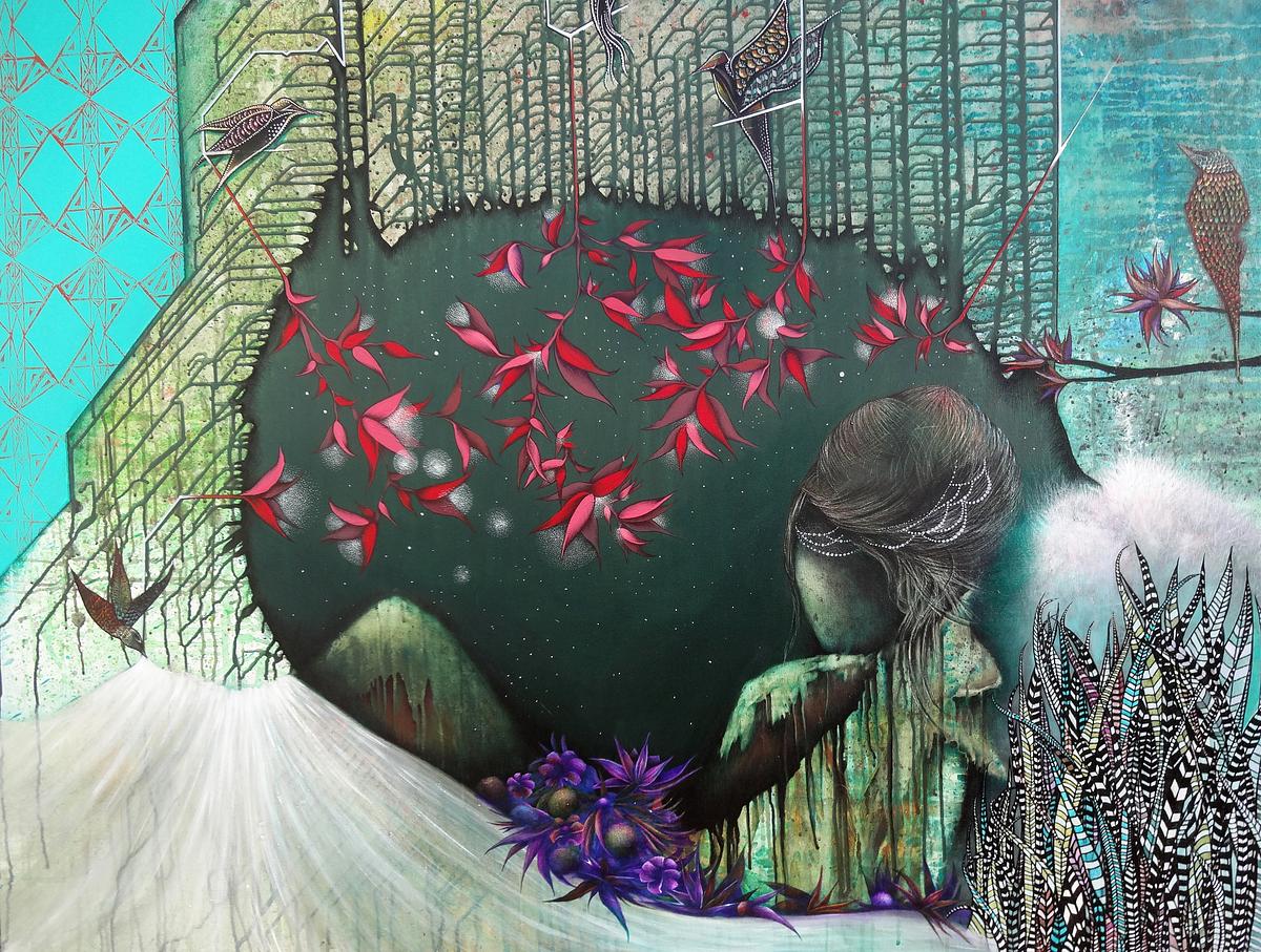 Contemporary Painting of woman with cat