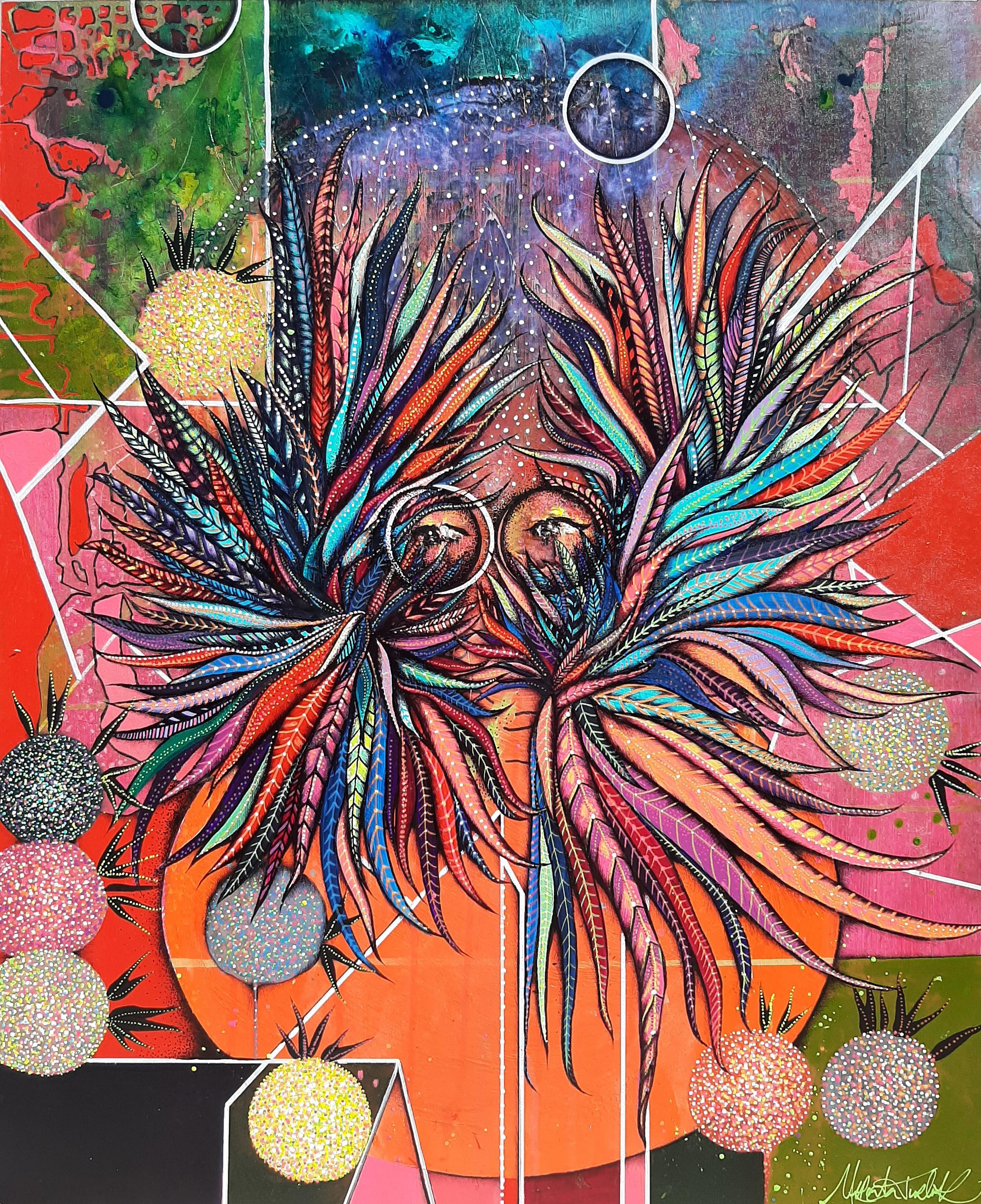 Orange painting of face covered by feathers