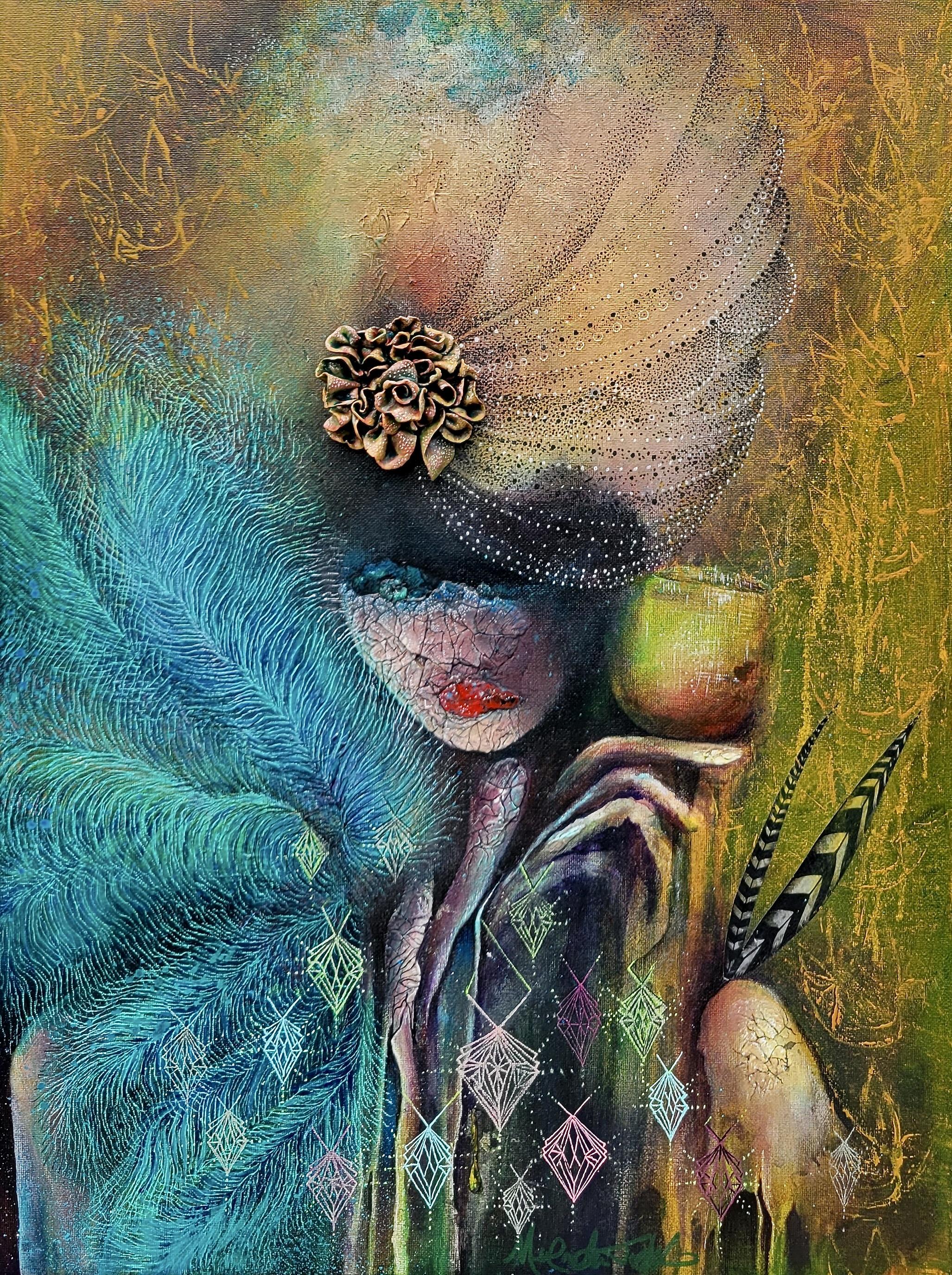 expressionist portrait of a victorian era woman with cloud-like hair and cracked face wearing a bright blue feather boa holding glass of wine, yellow gold background and diamond-like geometric pattern over chest area. contemporary art, Surrealism mixed with Expressionism 