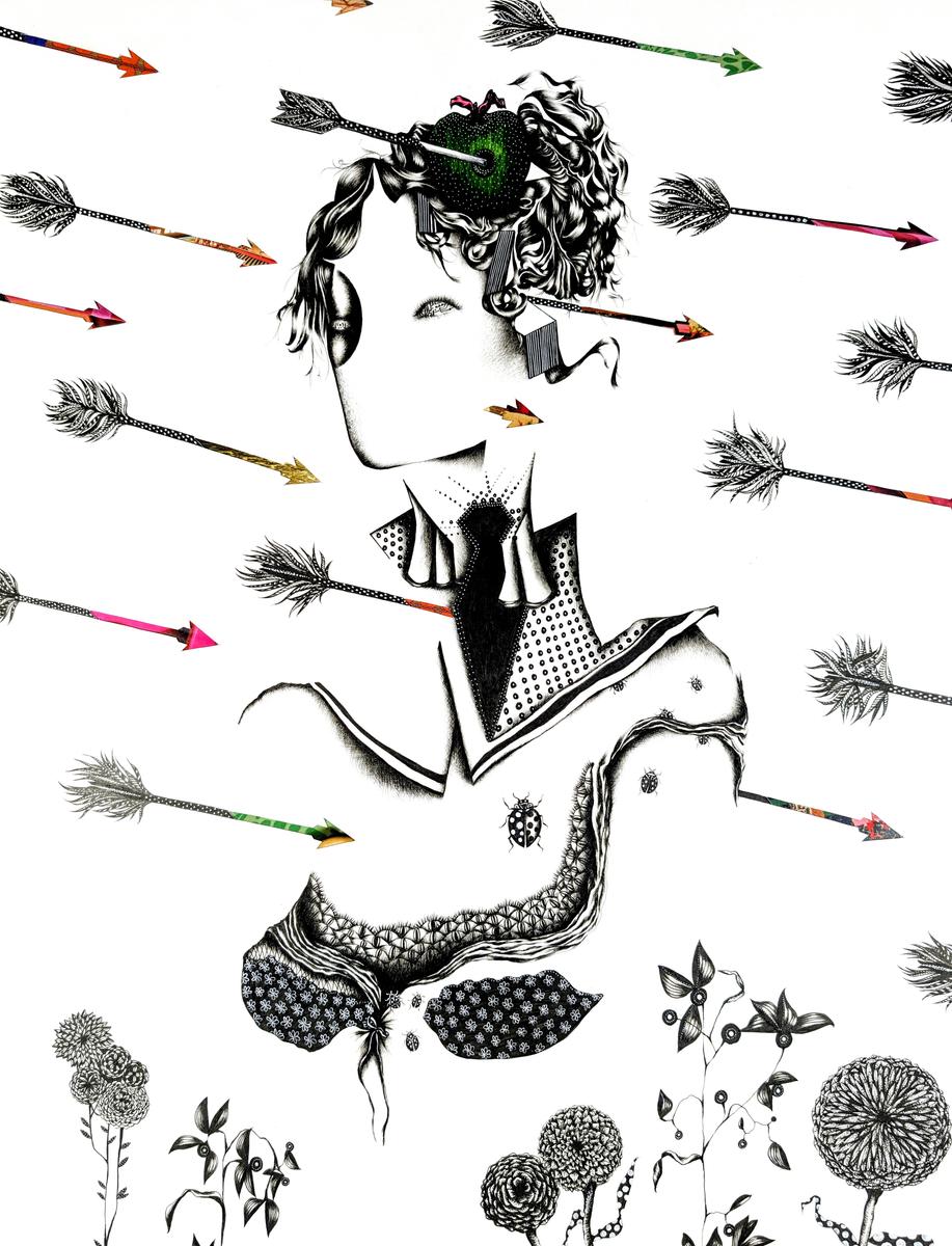 black and white ink drawing of AI or Robot woman with green apple on her head.  Arrows are flying towards her.
