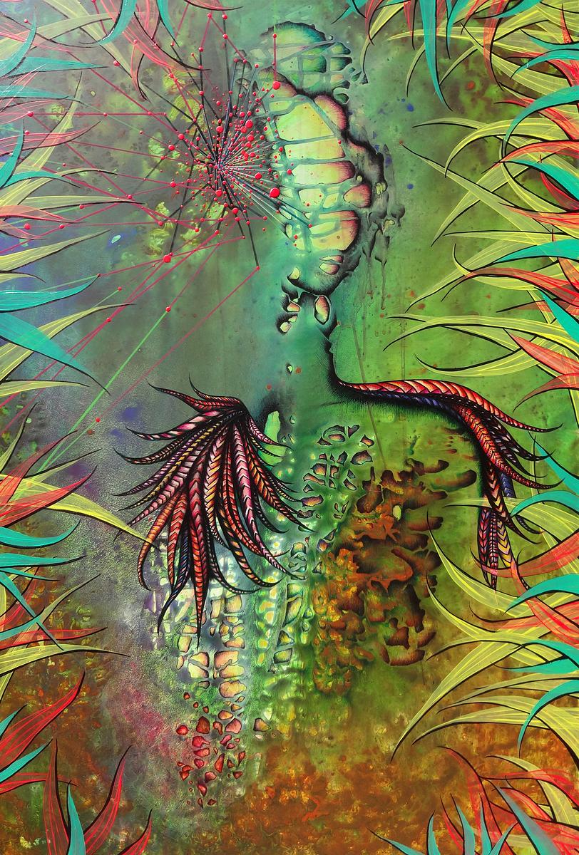wild woman in jungle, surrealism, original art