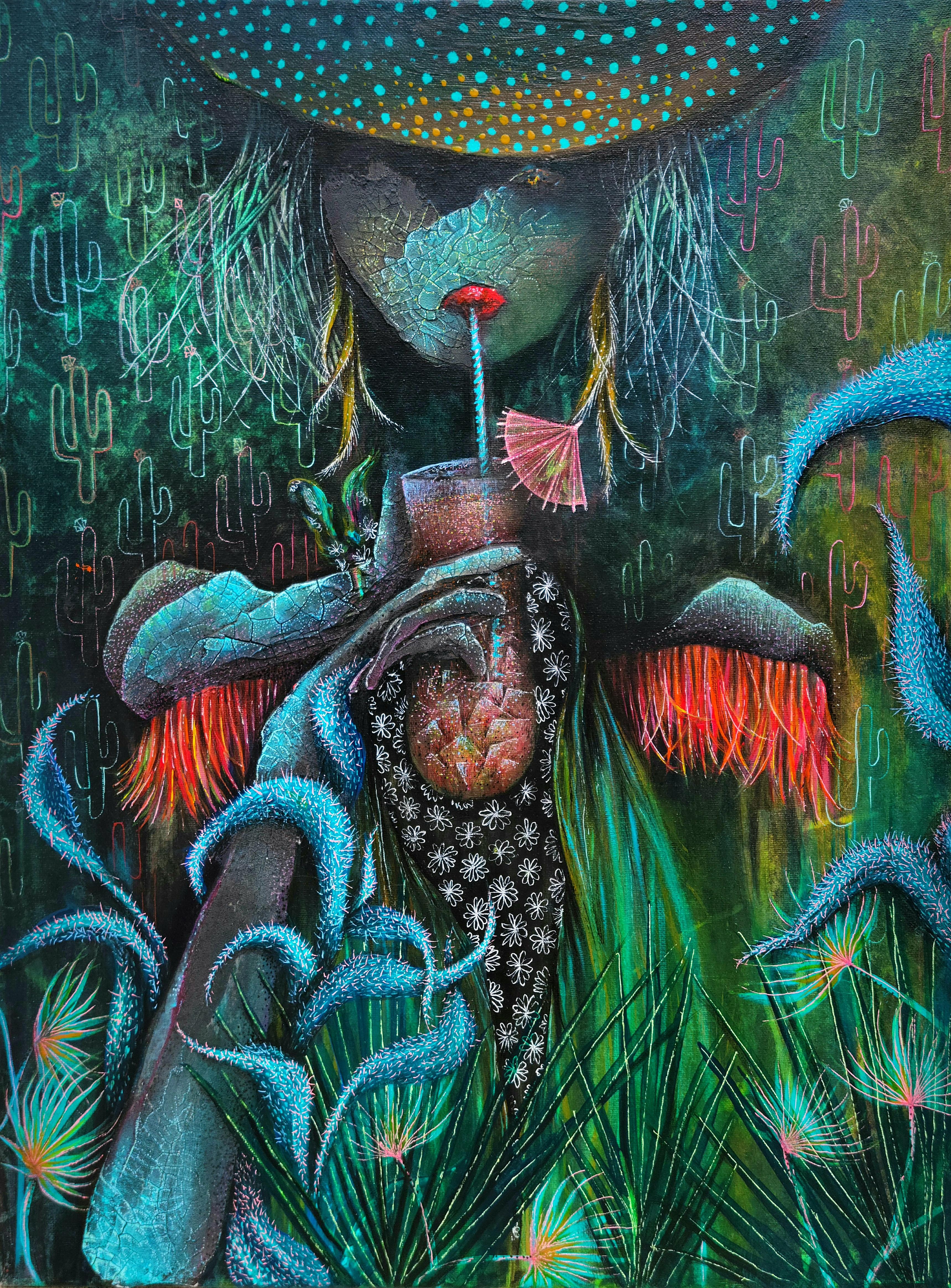 Vibrant Expressionist style portrait of woman with cracked blue face wearing a big hat with blue polka dots and  black bandana with white daisies and bright pink fringes off her shoulders. She is drinking a tropical cocktail. The background is dark green with outline of cactus patters fading in and out of focus.  Prickly blue plant winds around her arm holding a drink. 