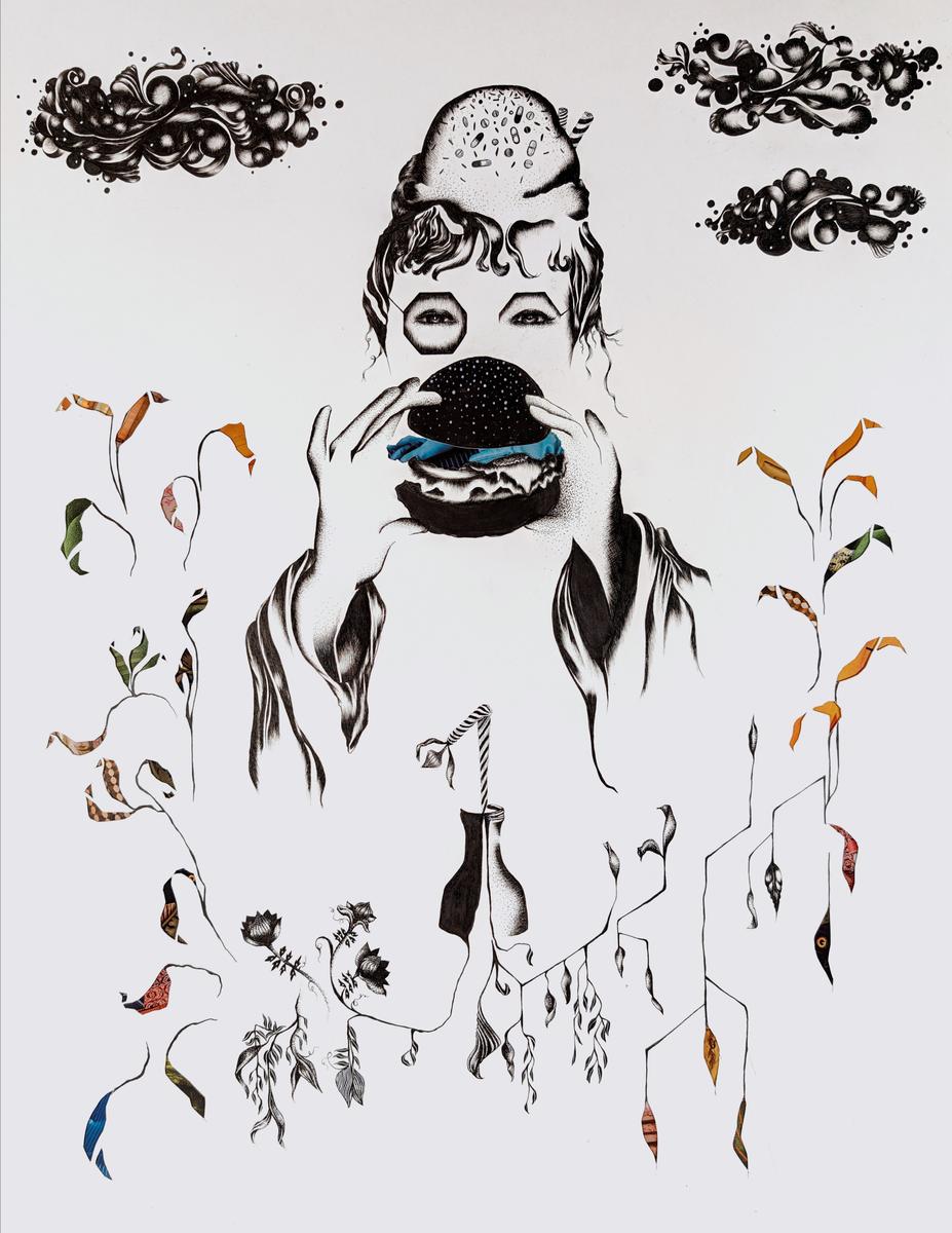 black and white ink drawing of woman eating a hamburger, wearing a hat that looks like ice cream with pills sprinkles on top.  withering plants come out of the bottom of a soda bottle and grow around her. surreal dark clouds loom in background.