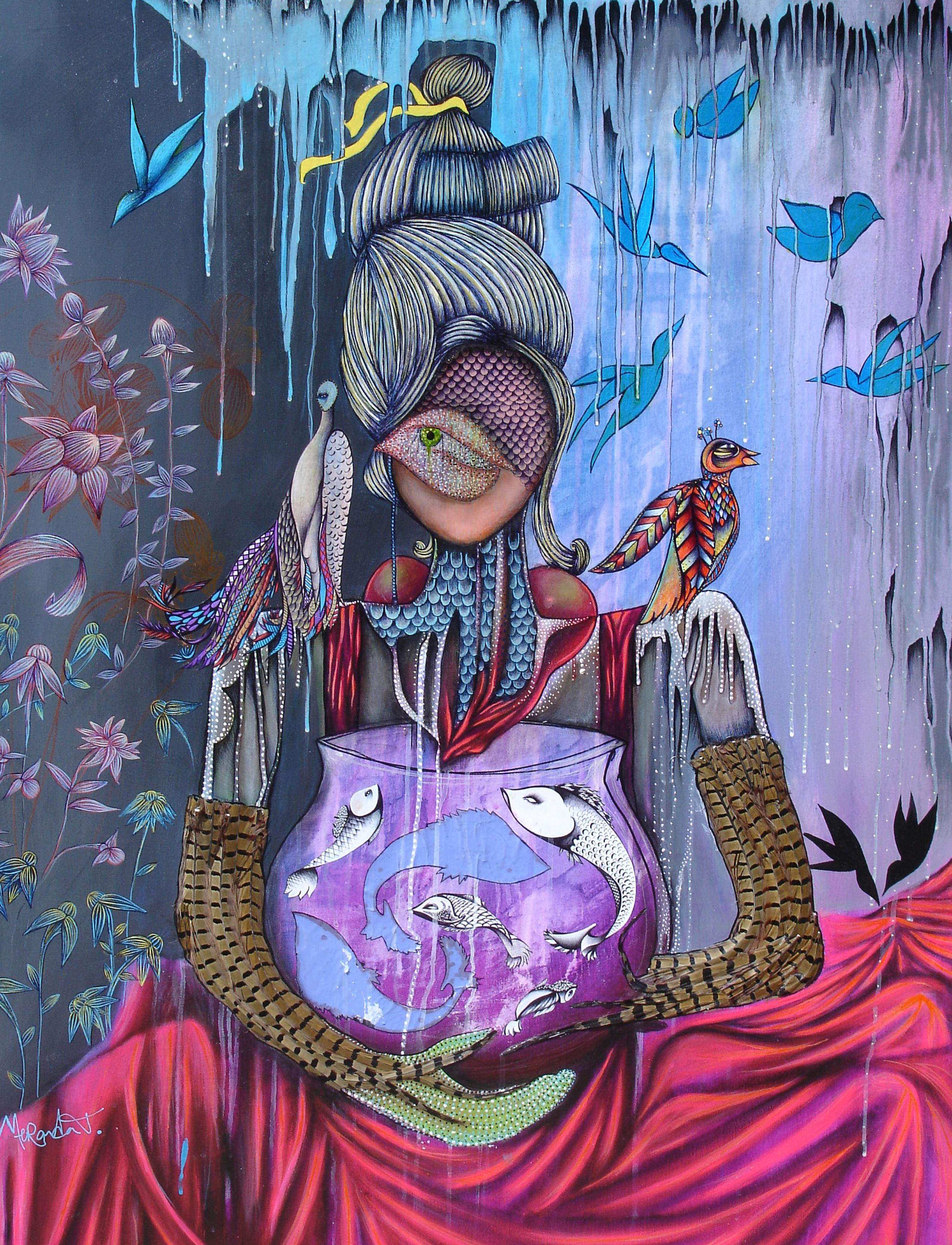 contemporary painting, woman with birds, pheasant feather art, bird cage, birdcage painting