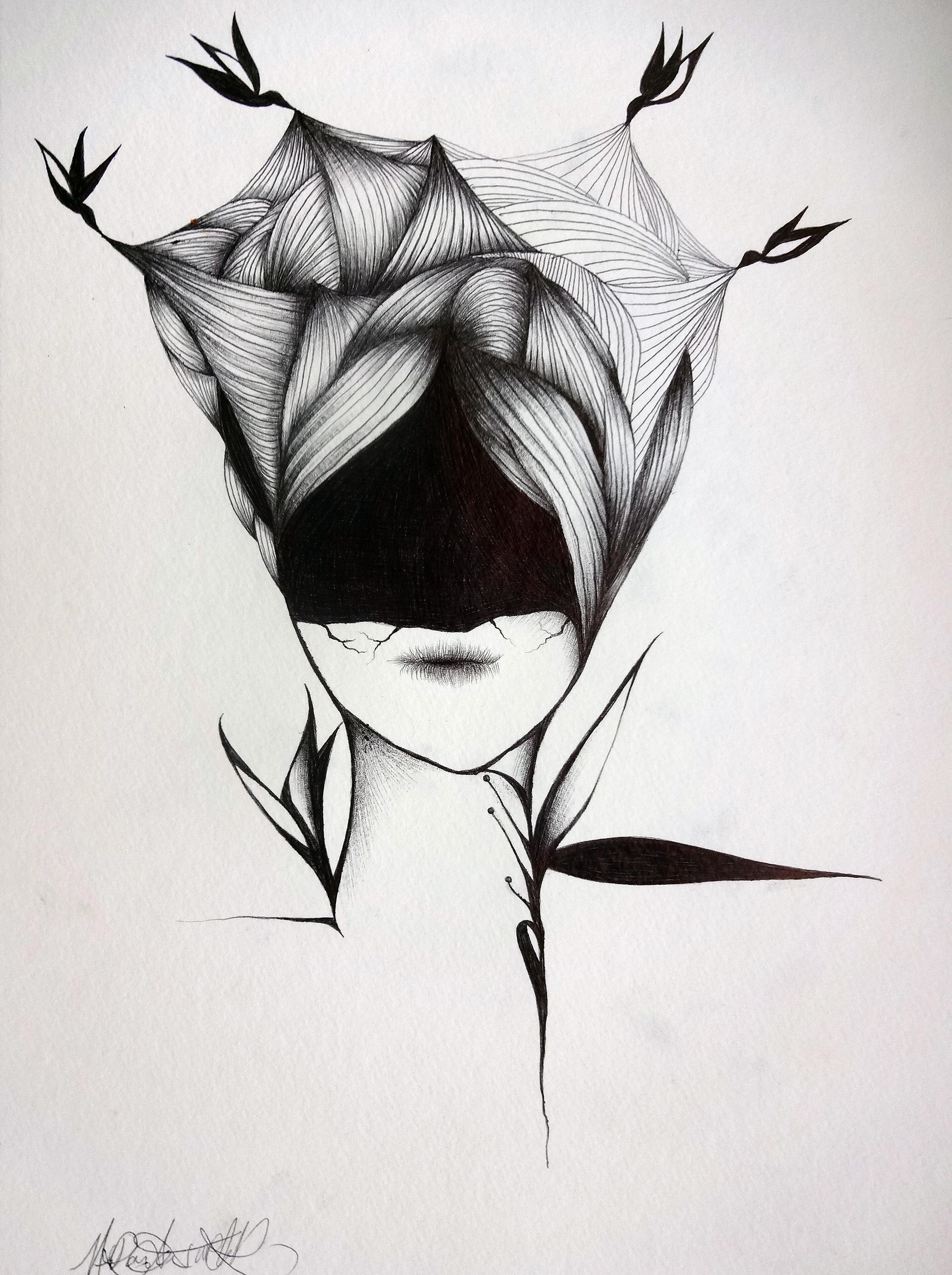 black and white pen, woman with birds, drawing 