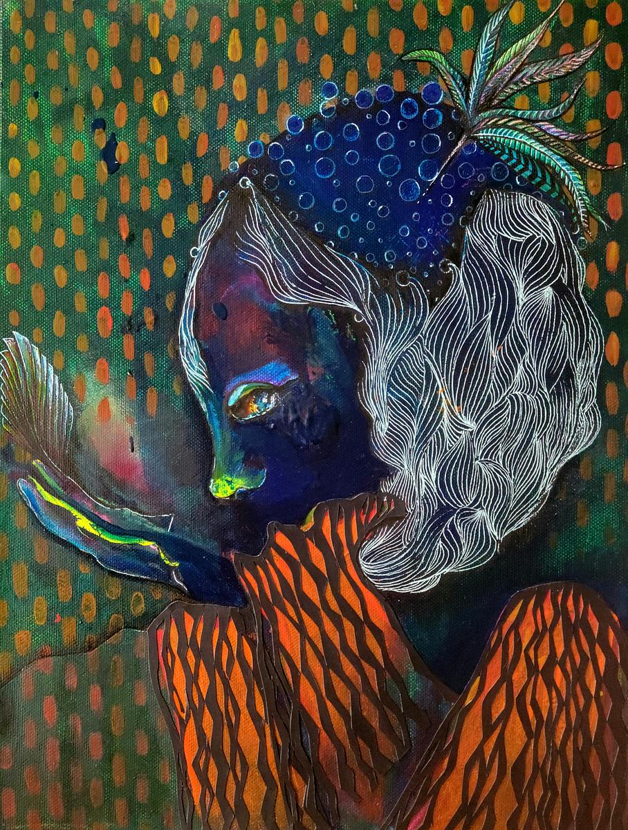 Surreal painting of blue woman's profile looking at self in compact mirror while her eye wanders to the side as if to catch someone watching her