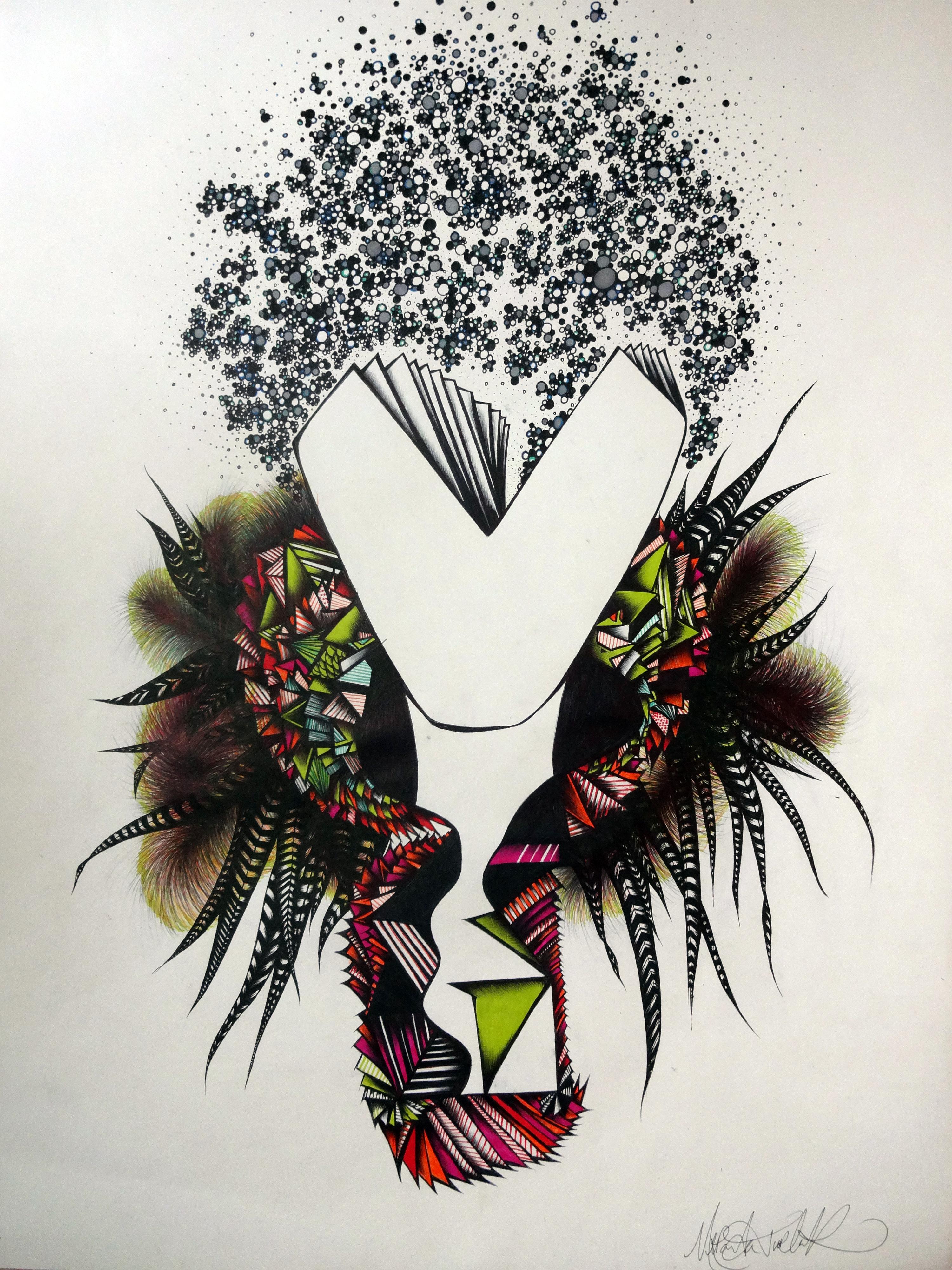 black and white drawing portrait of woman with feather scarf