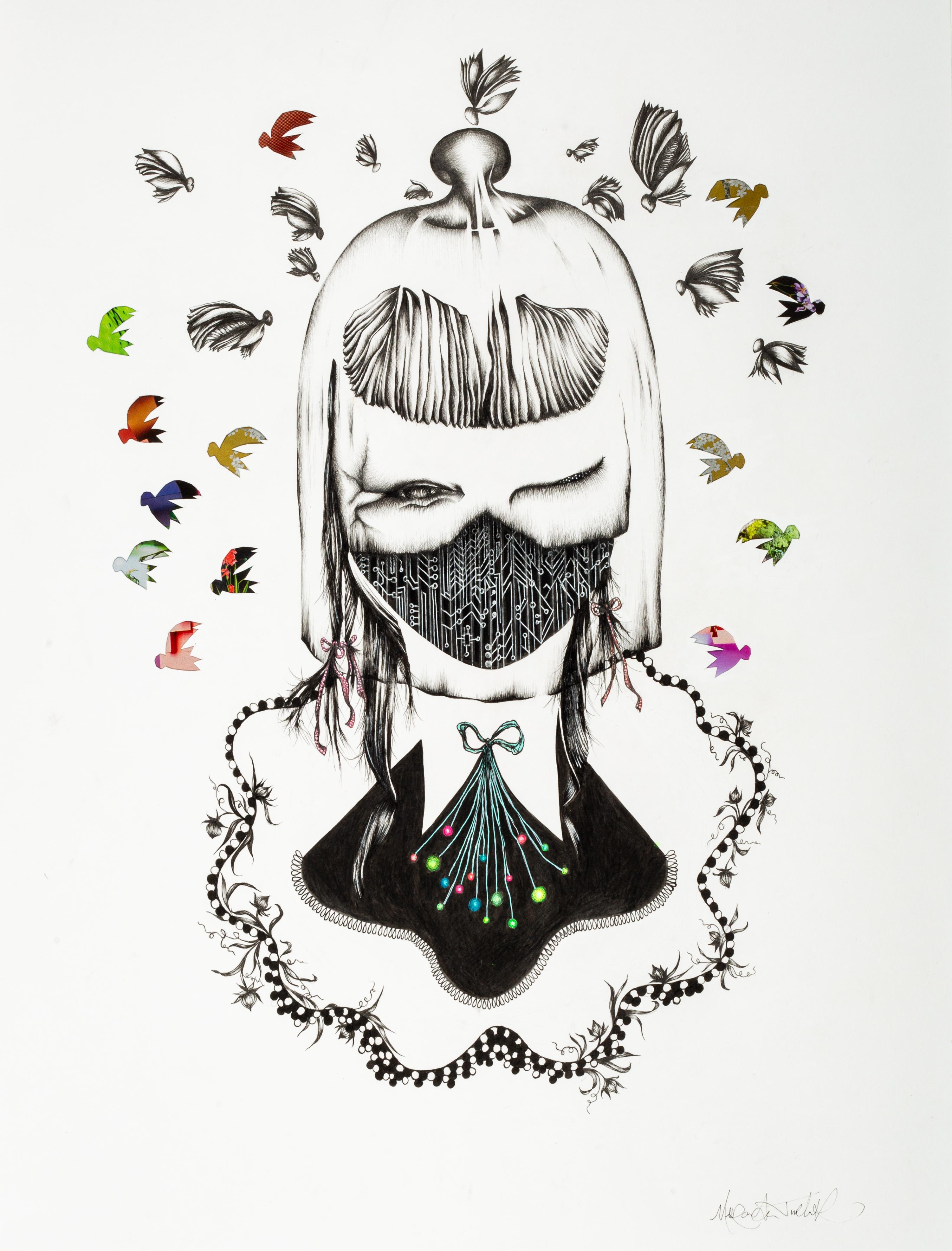 Black and white drawing of a surreal woman with head covered by a glass dome similar to a cake stand cover.  Fruitflies swarm around her head. Her face is partially torn off exposing a computer circuit board  suggesting she is a cyborg or part human, part robot, She has a blue bow around her neck and a necklace made of pearls and plants intertwined. 