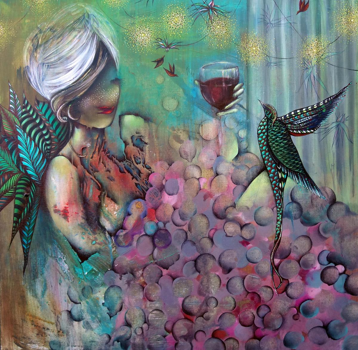 image of woman bathing drinking wine