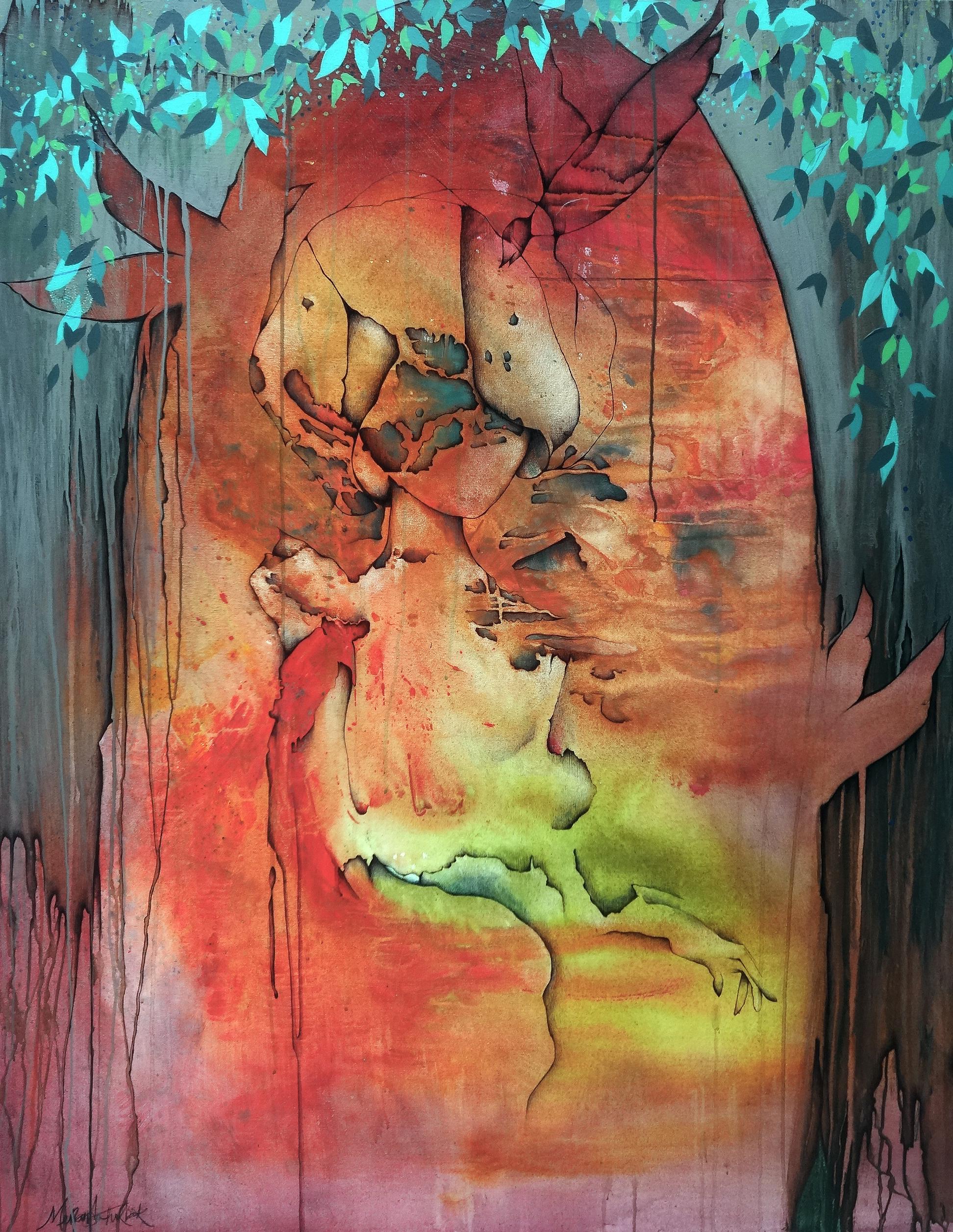 Painting of woman with birds, on fire, expressionit painting