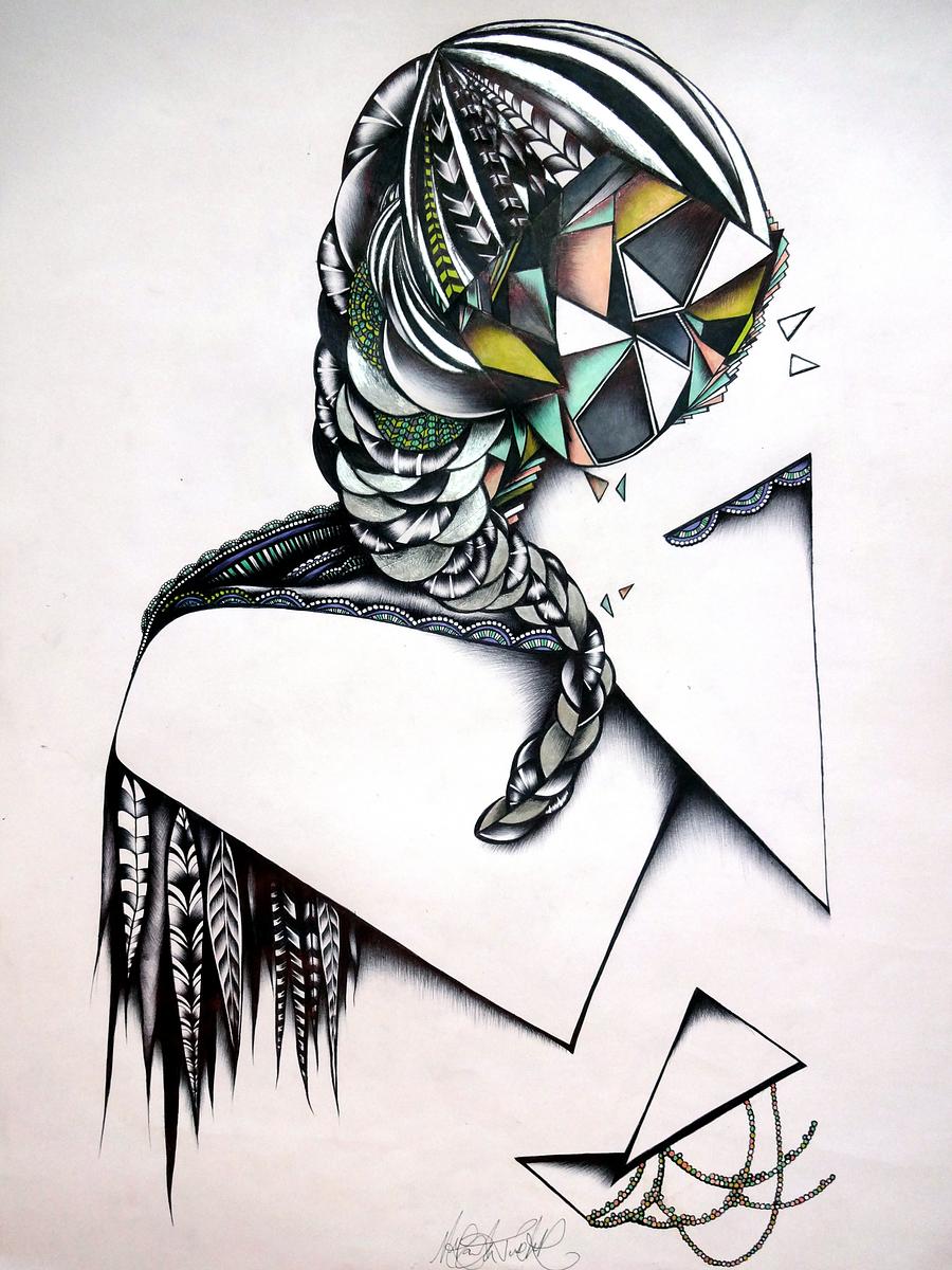 abstract geometric drawing of woman with braided hair and bird feathers