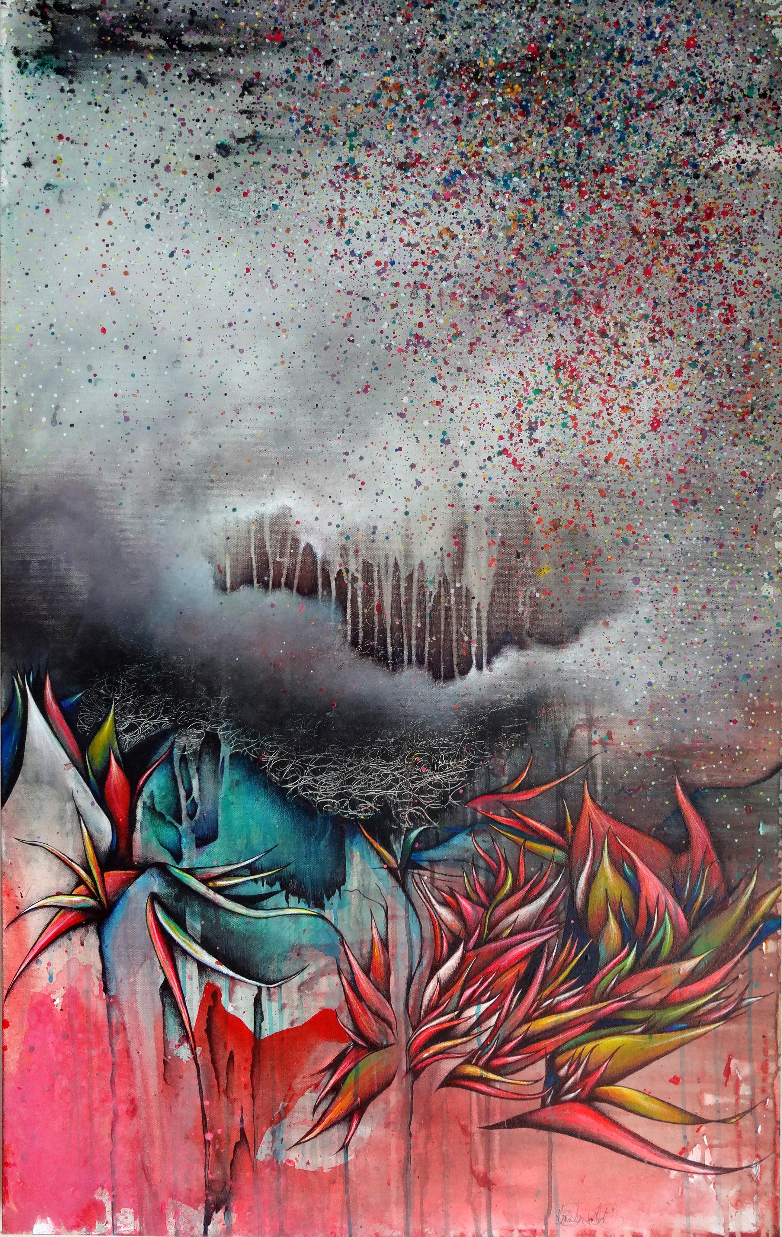 abstract painting of feathers and storm cloud